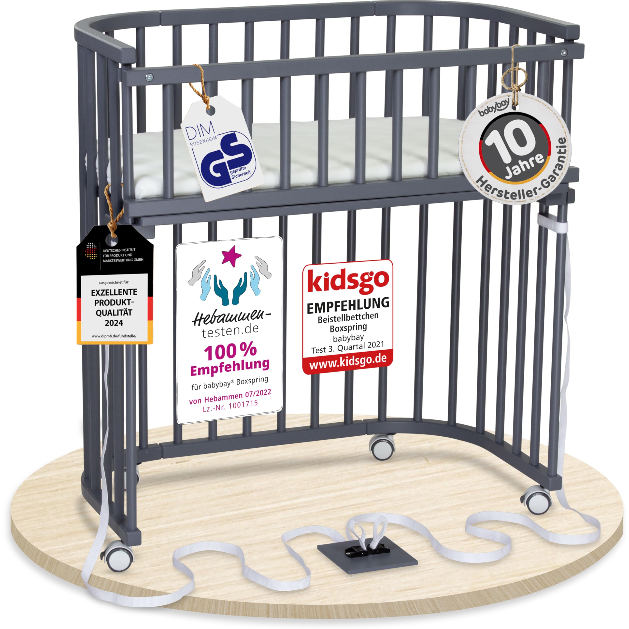babybay Boxspring Lettino in legno massello di faggio, compatto e trasformabile, altezza regolabile senza livelli preimpostati, lettino per bambini (verniciato grigio ardesia), con materasso, griglia