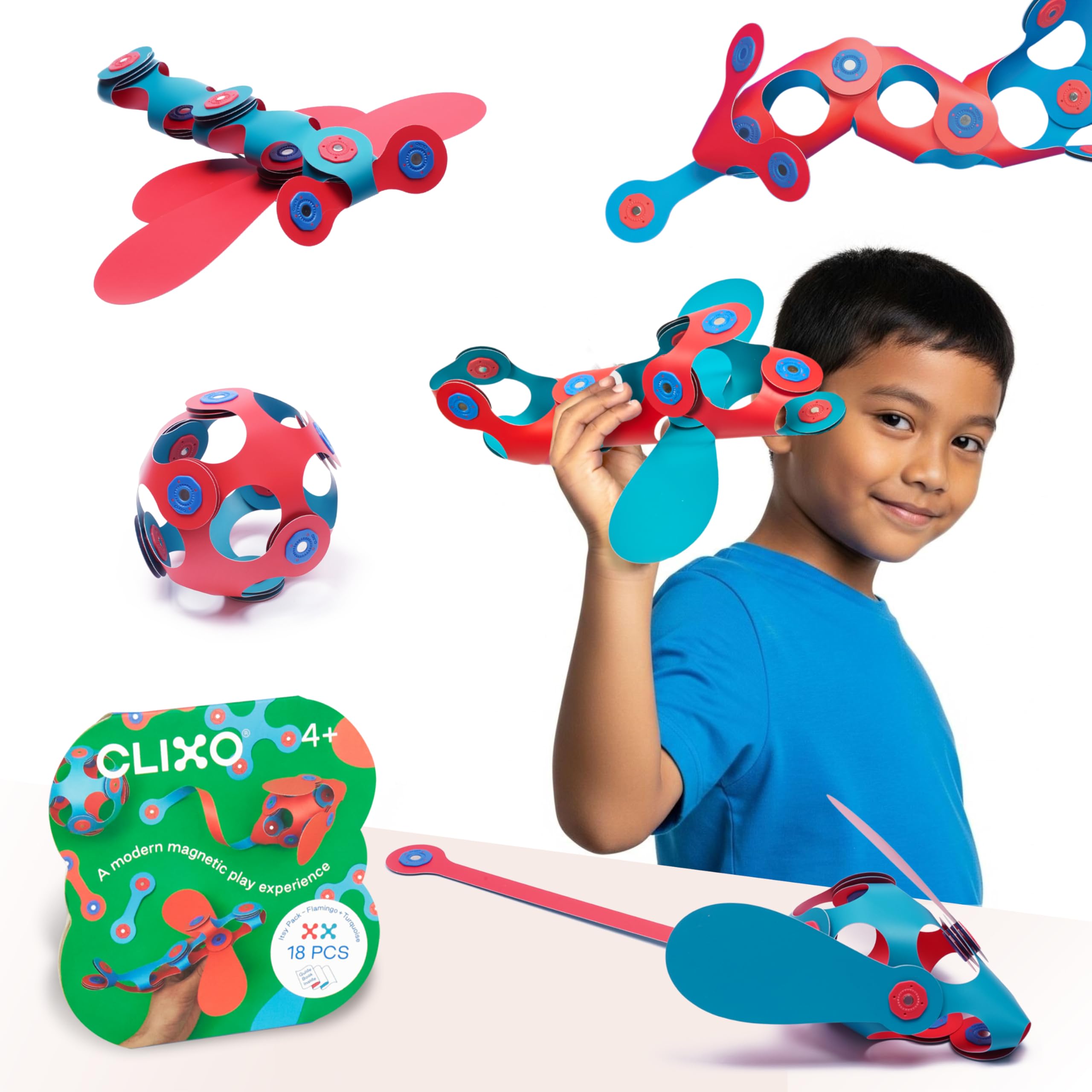 Clixo Grab & Go Magnetic Toy for Kids - Flexible, Durable, Imagination-Boosting Magnet Building Toy. An Educational Multi-Sensory STEM Experience. Great as a Travel Game. For Ages 4-99. 18 Piece Pack