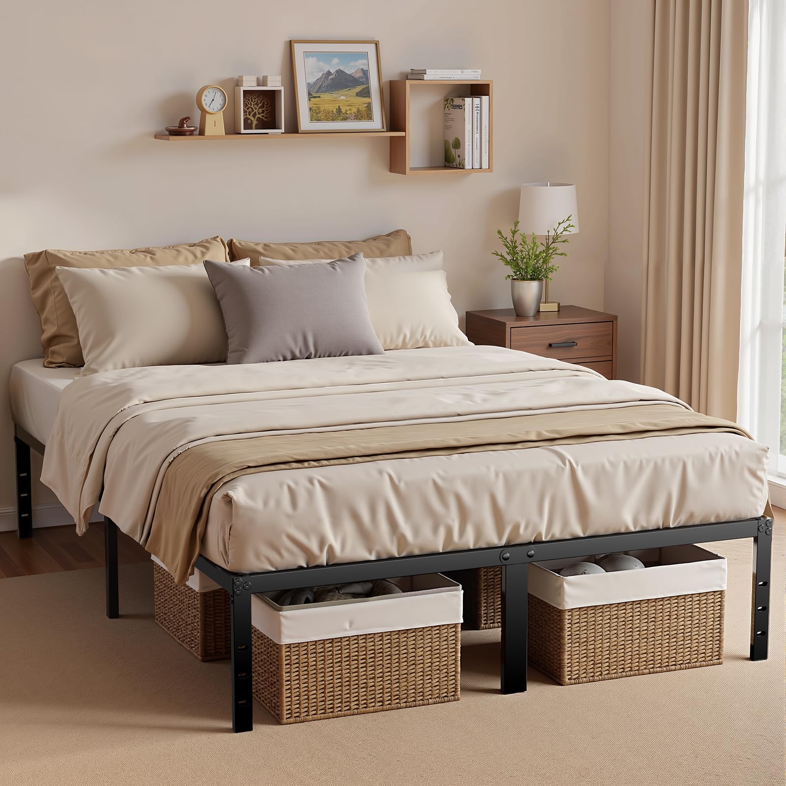 Warmiehomy 36CM Double Bed Frame, 135 x 190CM Metal Platform Bed Frame with Underbed Storage,Heavy Duty Steel Slats Bed Frame Easy Assembly and Noise Free for Bedroom-Black — image 1