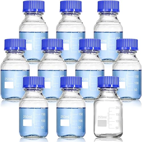 Yopay Paquete de 10 botellas de almacenamiento multimedia con tapa de rosca azul GL45, botella de vidrio reutilizable de 8.5 fl oz, recipiente