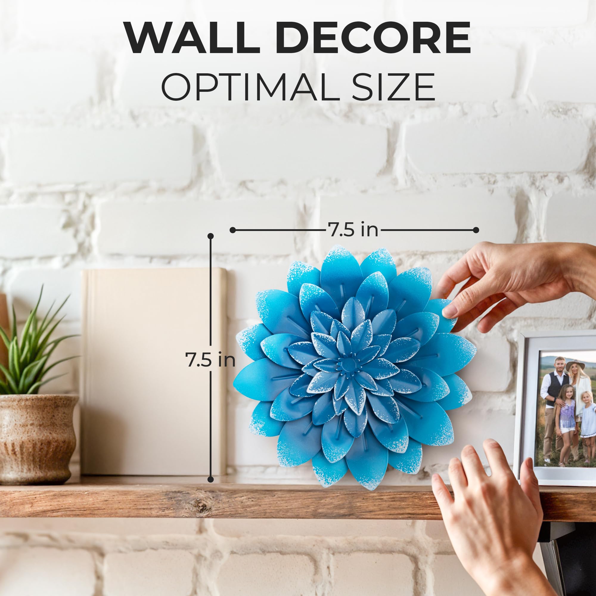 Decoración de pared de flores de metal suculentas, azul, pintadas a mano, decoración artística de flores 3D para sala de estar, dormitorio, cocina, baño, decoración floral para uso en 2