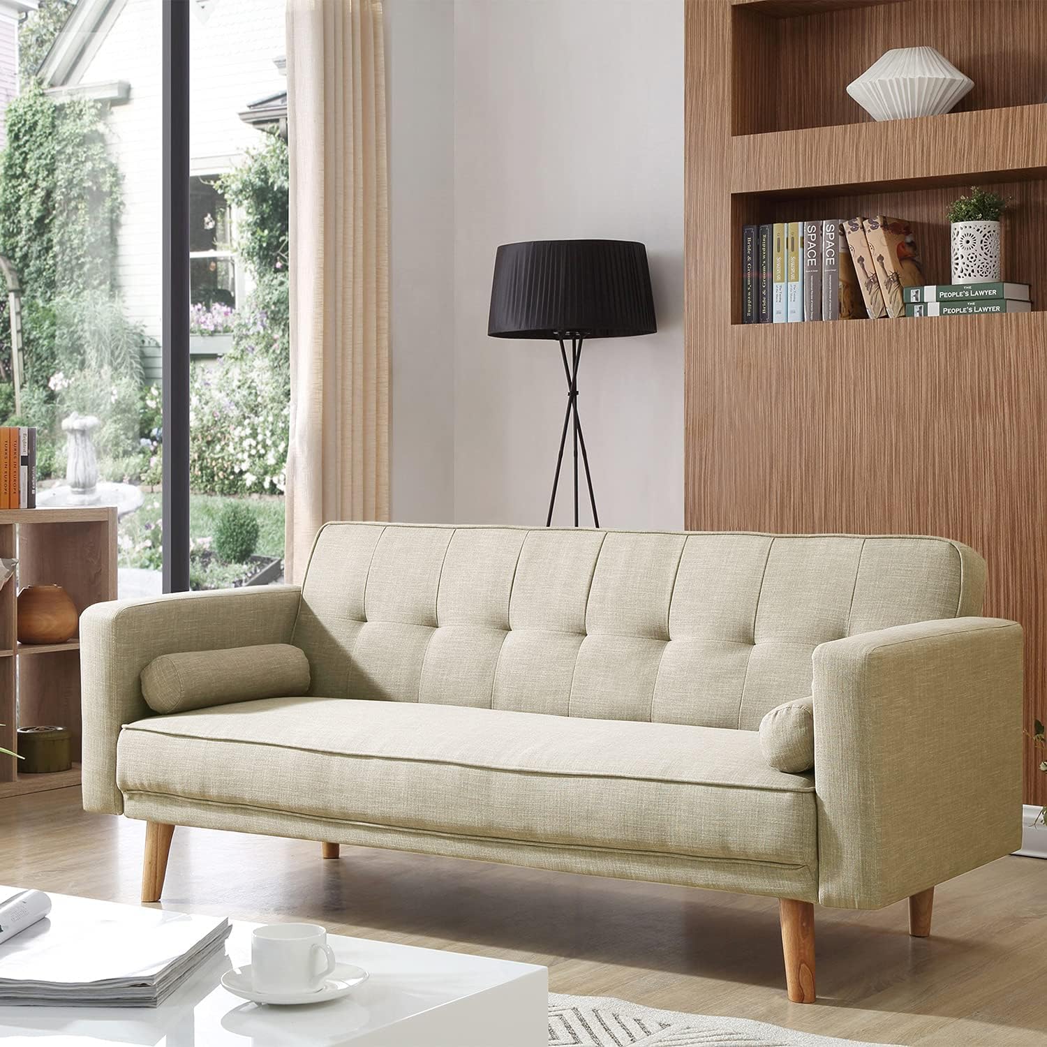 ZANOFIRA 3 Seater Sofa Bed with Detachable Armrests Click Clack Sofa Bed with Fireproof Sponge, Breathable Linen Guest Bed for Living Room, Apartment, Bedroom, Home Office, Cream White