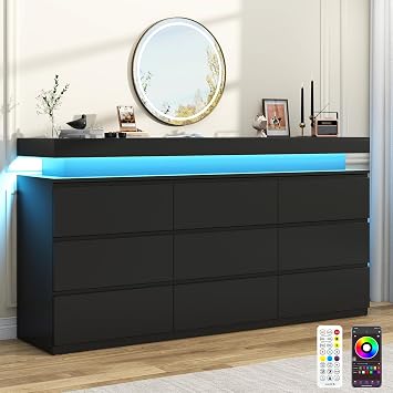 chartustriable 9 Drawer Dresser for Bedroom, White Dresser with LED Lights, Modern Chest of Drawers for Closet, 63" Wide Drawers Organizer Cabinet for Living Room, Entryway, Hallway, Black