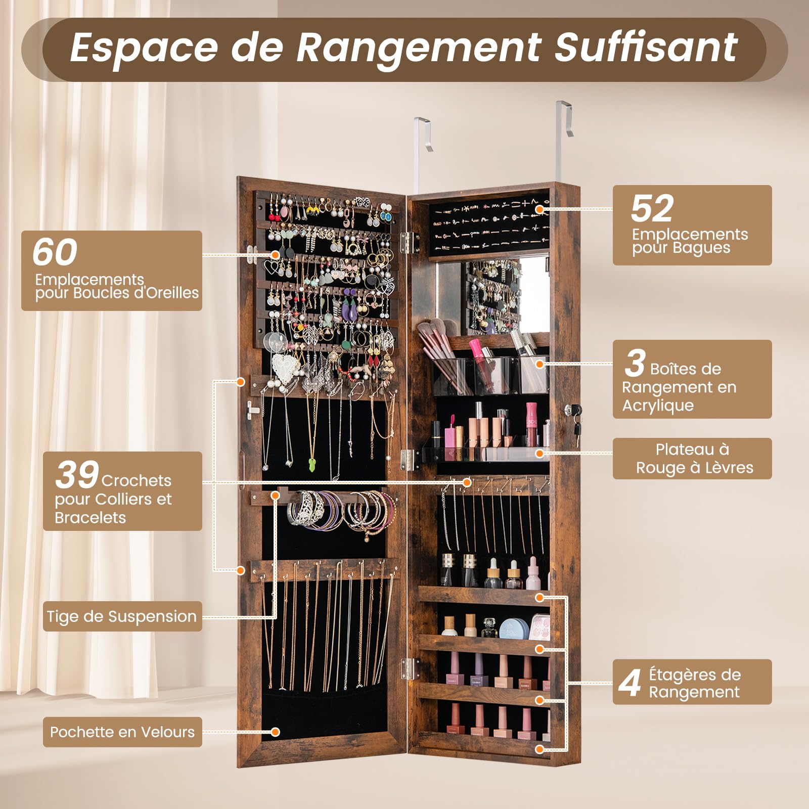 COSTWAY Armoire à Bijoux, Armoire à Bijoux Murale/de Porte avec Miroir Pleine Longueur et Miroir de Maquillage Intérieur, Cintres Réglables, Verrou, Doublure Douce, pour Chambre (Marron Rustique)