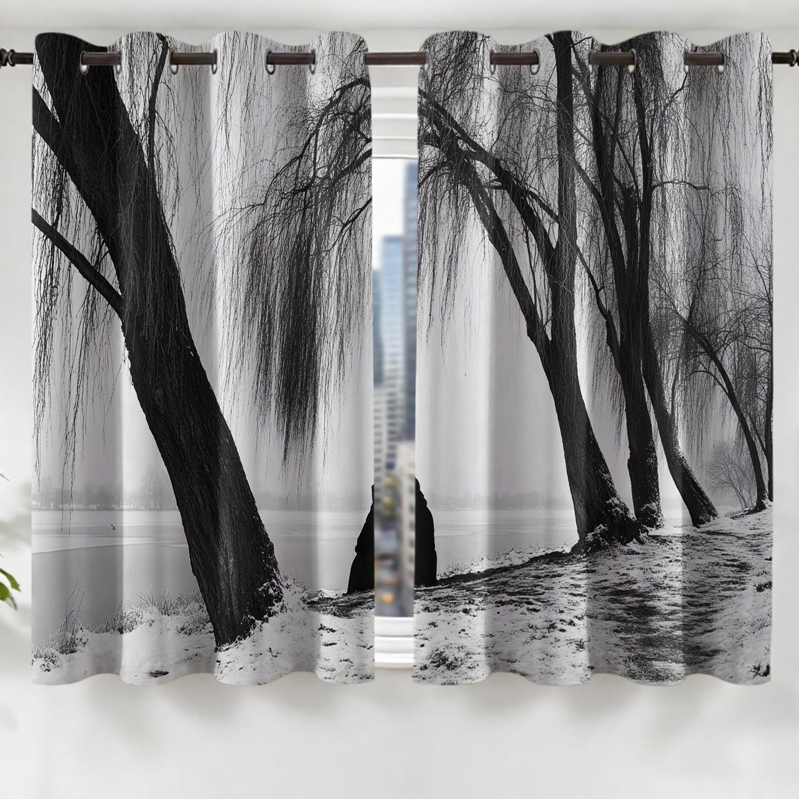 Rideaux Occultants Thermiques Lot de 2, Paysage enneigé de saules pleureurs 132L X 210H cm Isolation Contre la Chaleur, pour Chambre et Salon