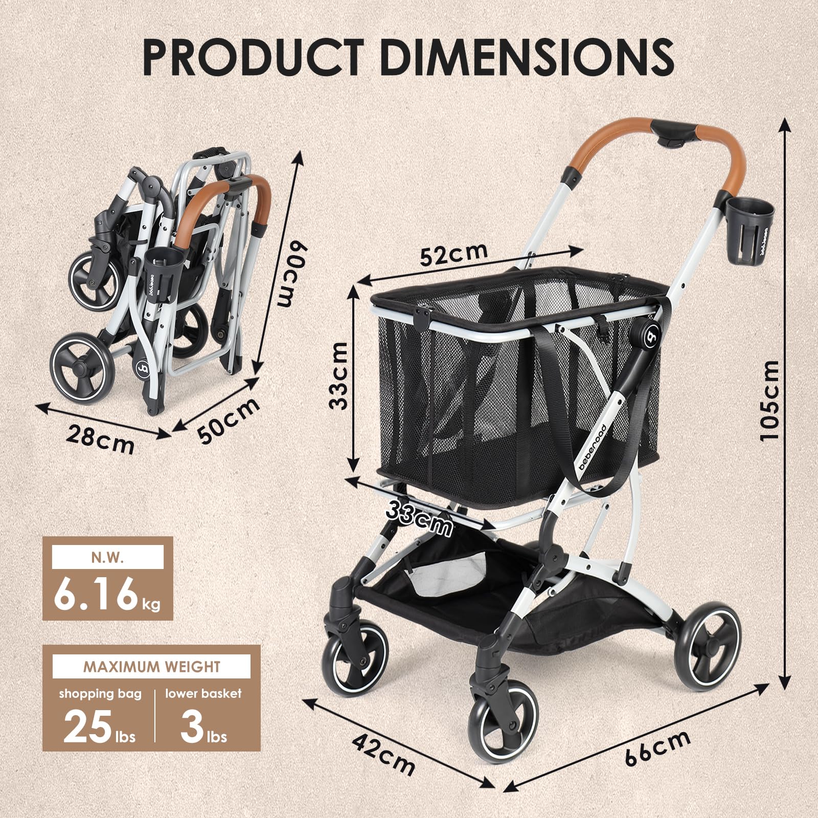 Beberoad Einkaufstrolley klappbar mit 52L Kapazität und belastbar bis 25kg, Tragbarer Einkaufstrolley mit stabilem Aluminiumrahmen, Tasche abnehmbar, Ideal für Senioren, Camping, Reisen & Alltag