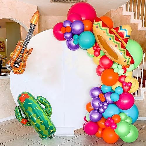 Miniatura 6 de Decoraciones de fiesta mexicana, 134 unidades, guirnalda de globos de fiesta, kit de arco de cactus, sombrero, guitarra, globos para taco,