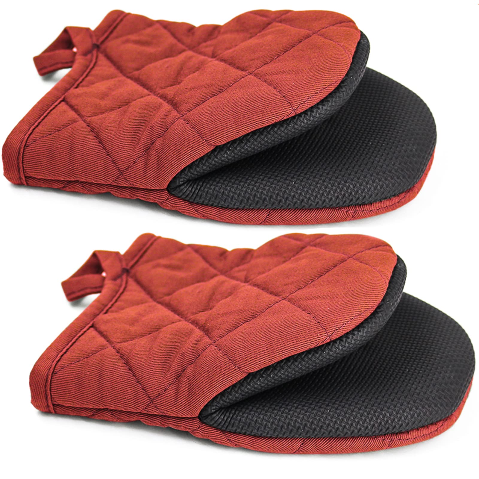 Topsky Mini Oven Mitts Microwave Mitts Pot Holder Heat Resistant Neoprene Cotton Gloves Surfaces Non-Slip Short Oven Gloves, Red 1 Pair