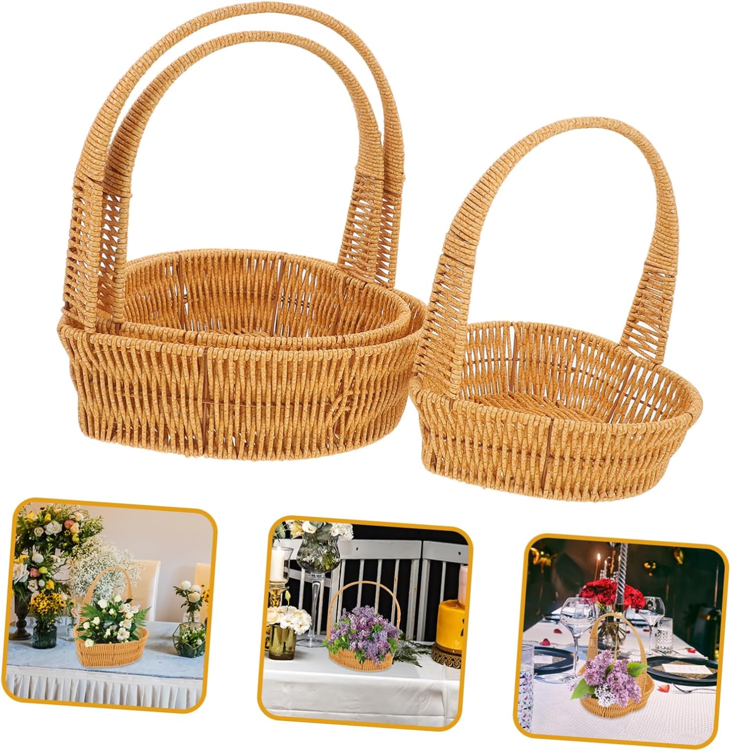 3pcs Basket Woven Basket Handle Flower Storage Decorative Rattan Weaving