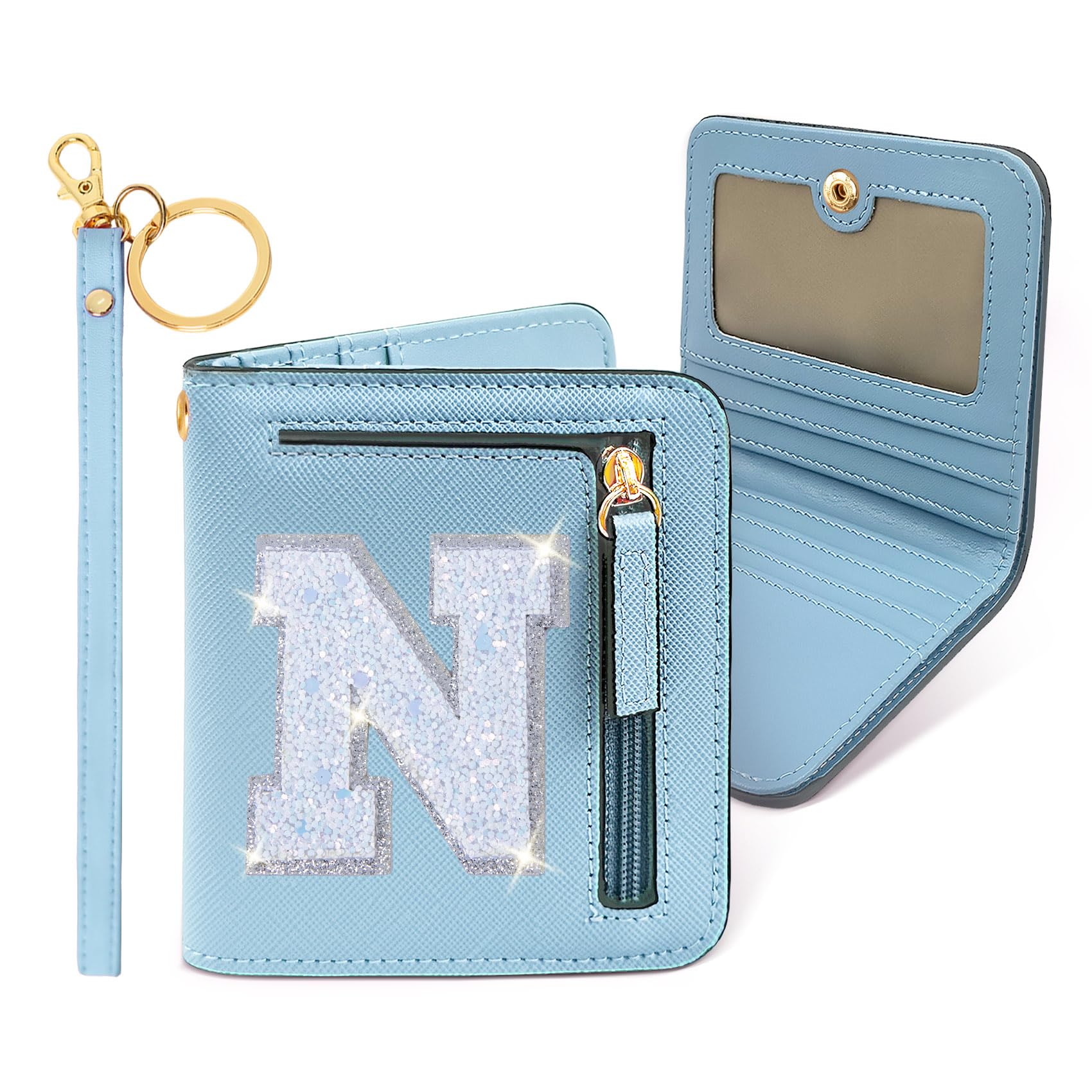 COSHAYSOO Small Wallet for Women Teenager Girl Personalized Initial Gift Preppy Letter Monogrammed Patch Mini Purse Waterproof for Travel Credit ID Cards Cash Holder Novelty Organizer Blue N
