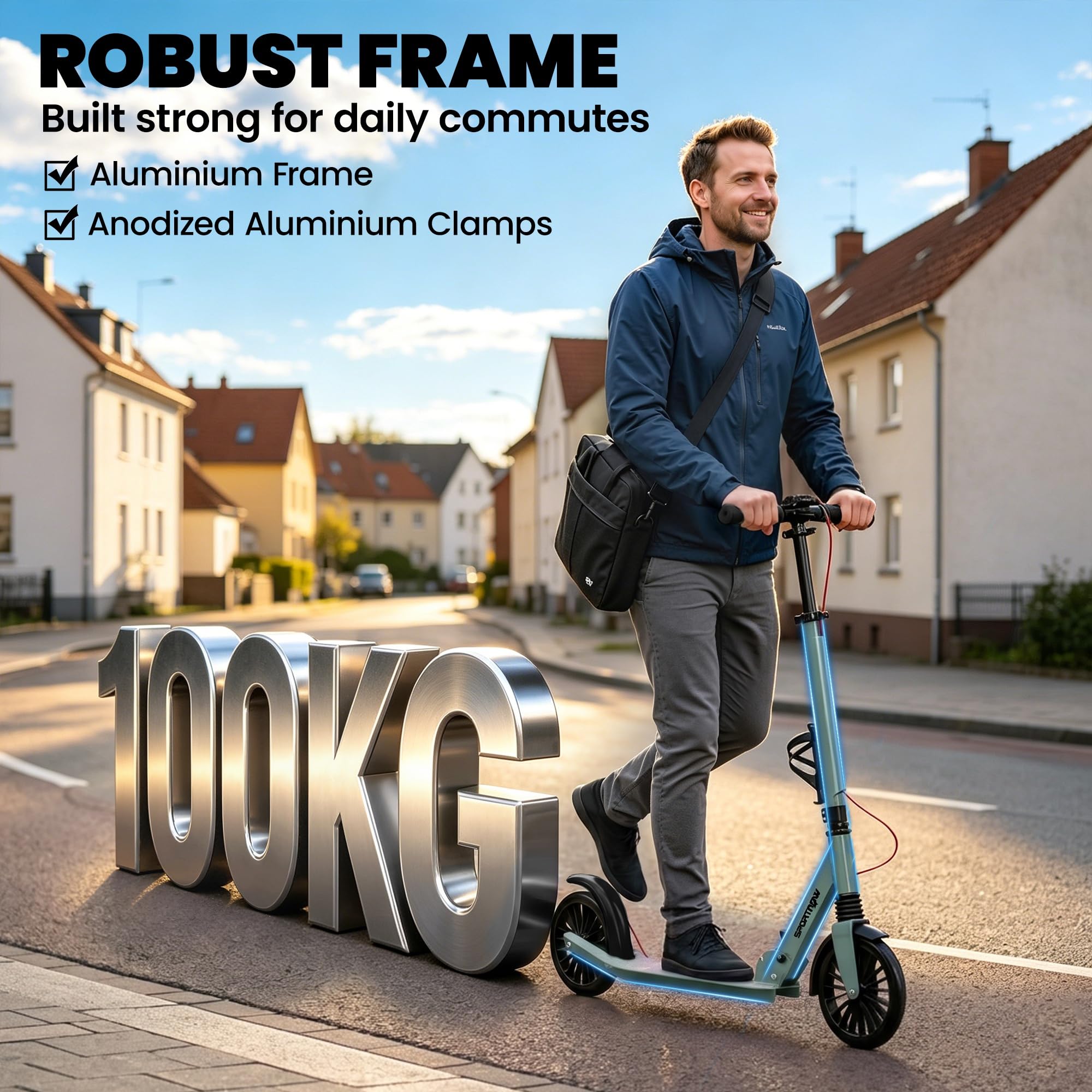 SPORTNOW Patinete plegable con manillar de altura ajustable, scooters plegables con un solo clic para adultos con ruedas grandes de 200 mm, absorción de golpes, rodamientos ABEC-7, sistema de frenos