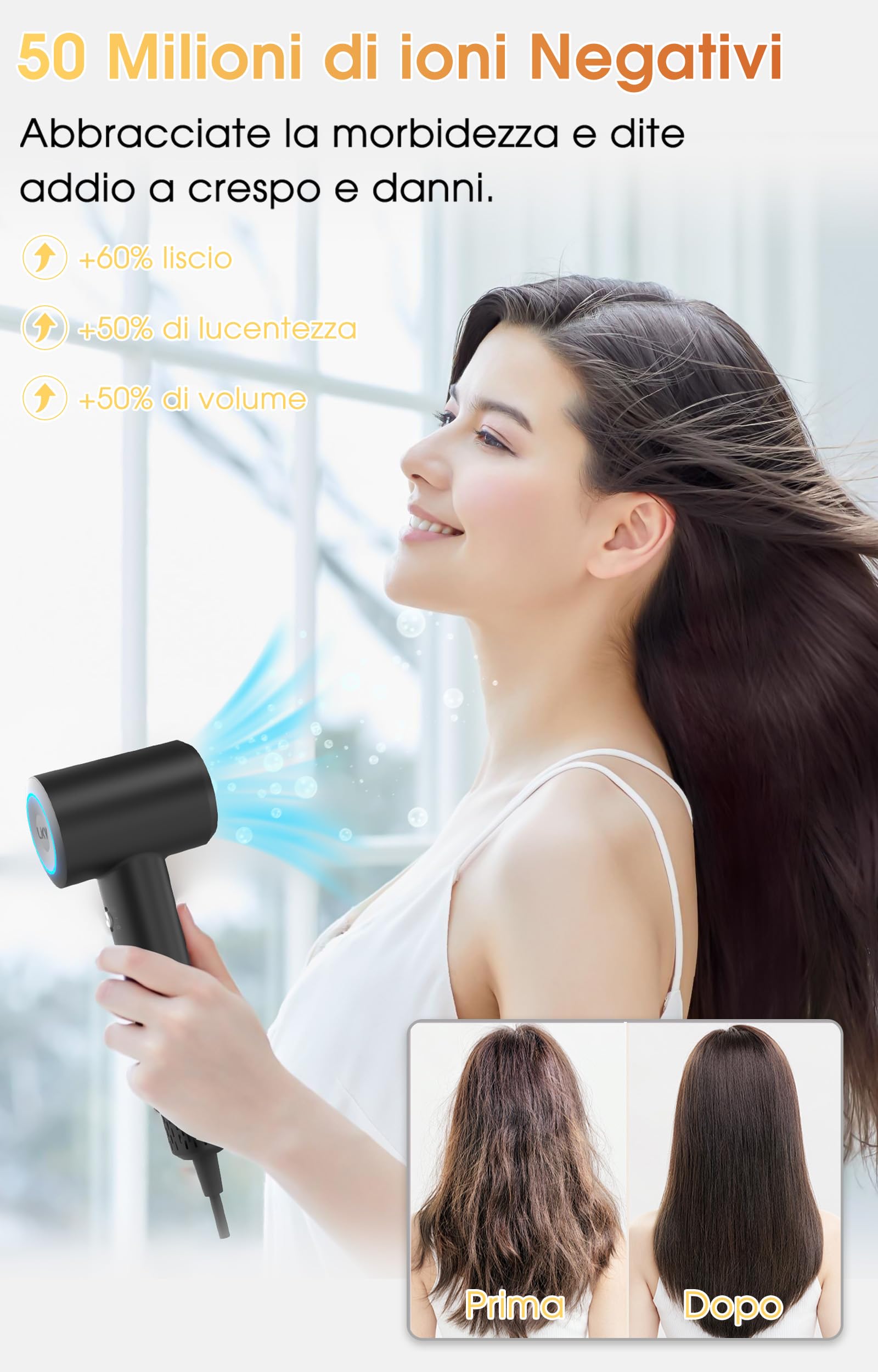 LKV Asciugacapelli Ionico Phone per Capelli Professionale ioni 1500W AC motore professionale,Leggero e Potente,3 livelli di riscaldamento e 2 di ventola, Fono Capelli Ionico portatile