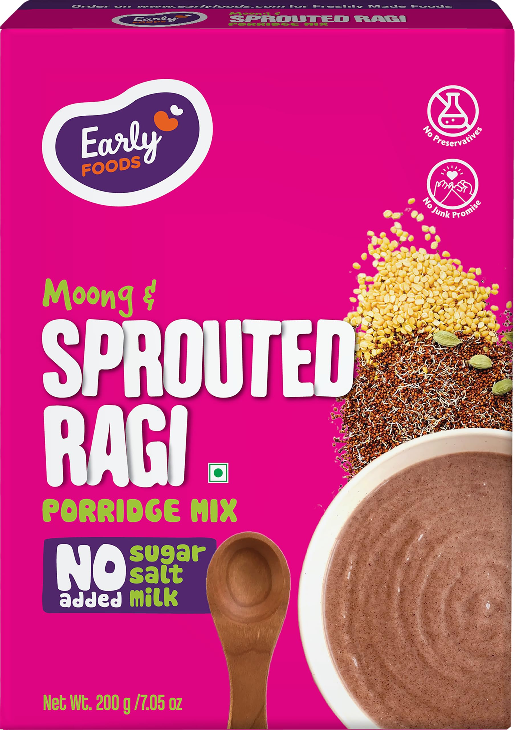 Early Foods Organic Sprouted Ragi Porridge Mix 200g, Finger Millet Mix Healthy Breakfast Cereals for Kids and Adults, No Milk, No Sugar, No Salt