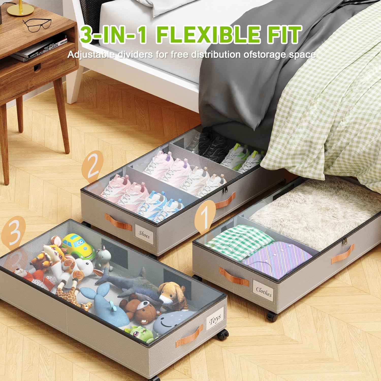 LESHZHEN Under Bed Storage with Wheels, Under Bed Storage Container with Dividers & Clear Lids, Under the bed storage Organizer Bins,Underbed Storage with Wheels for Clothes,Toys,Shoes (GREY, 1 Pack)