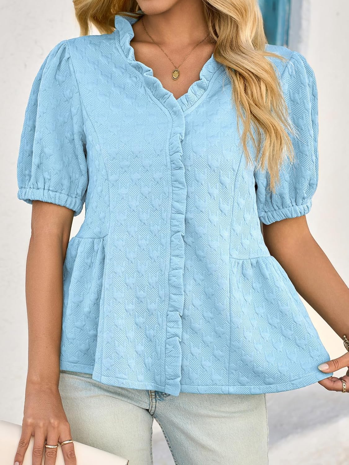 Cicy Bell Womens Peplum Puff Sleeve Tops Dressy Casual Summer Textured Blouses V Neck Ruffle Pleated Shirts - Image 5