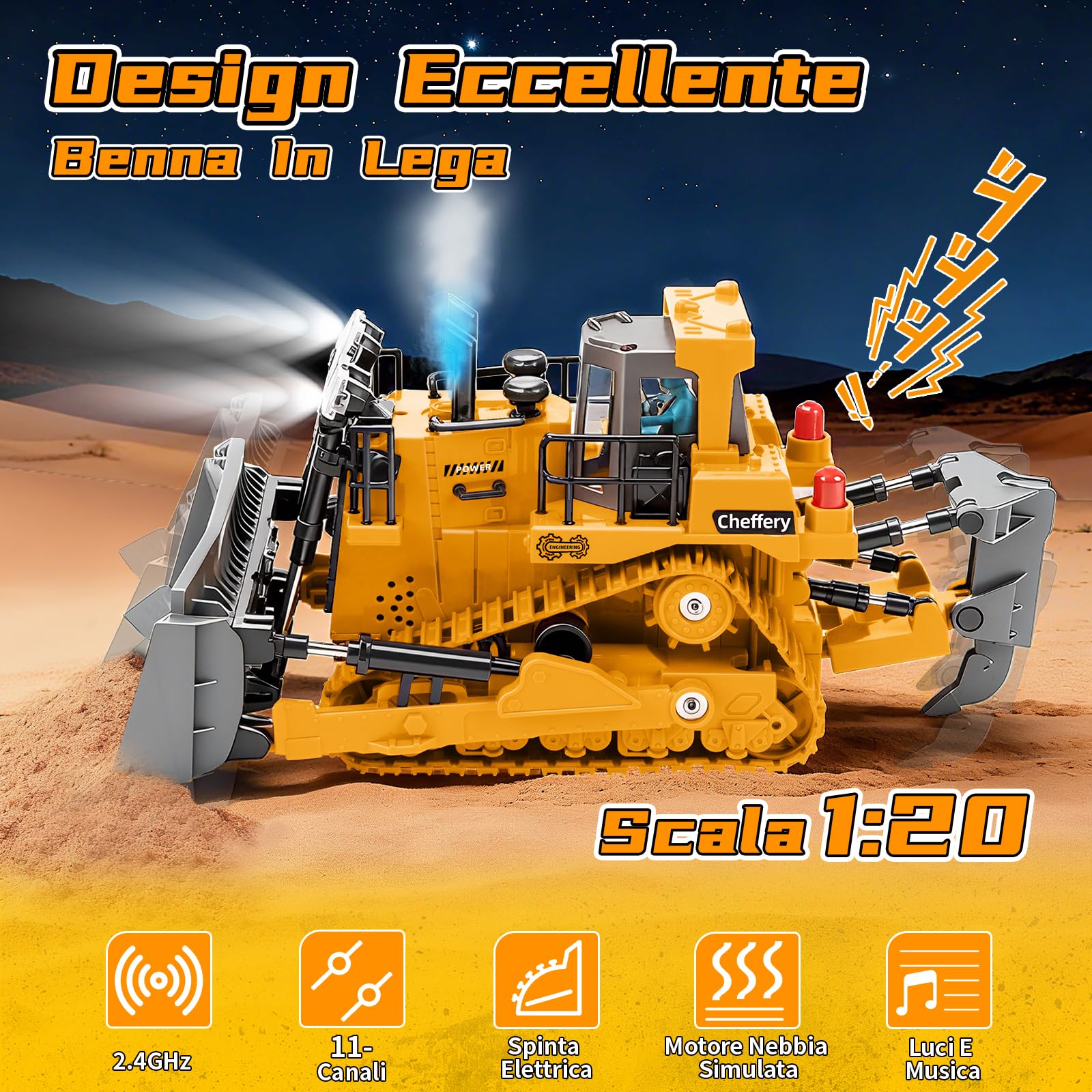 RC Bulldozer, Bulldozer Telecomandato a 11 Canali, 2.4 GHz Bulldozers Giocattolo Telecomandato con Luce ed Effetti Sonori per Bambini di Età Compresa Tra 4 e 12 Anni