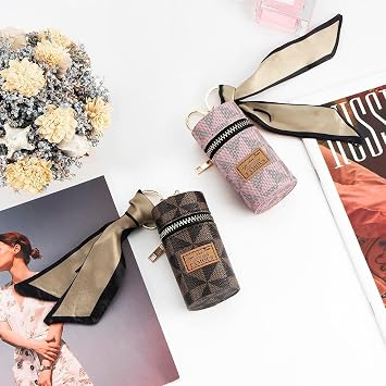 Adorila 2 Pack Lipstick Organizer, Leather Lip Gloss Bag with Keychain, Portable Mini Lipstick Case for Purse, Brown+Pink