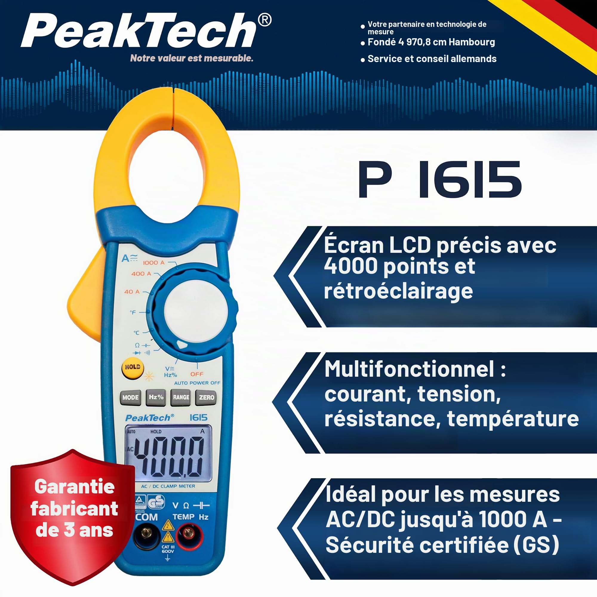 PeakTech 1615 - Pince Ampèremétrique 1000A AC/DC, Multimètre à Pince, TÜV/GS, CAT III, Pince de Courant, 4000 counts, Voltmètre sans Contact, Ampèremètre, Testeur de Continuité - Max. 600 V