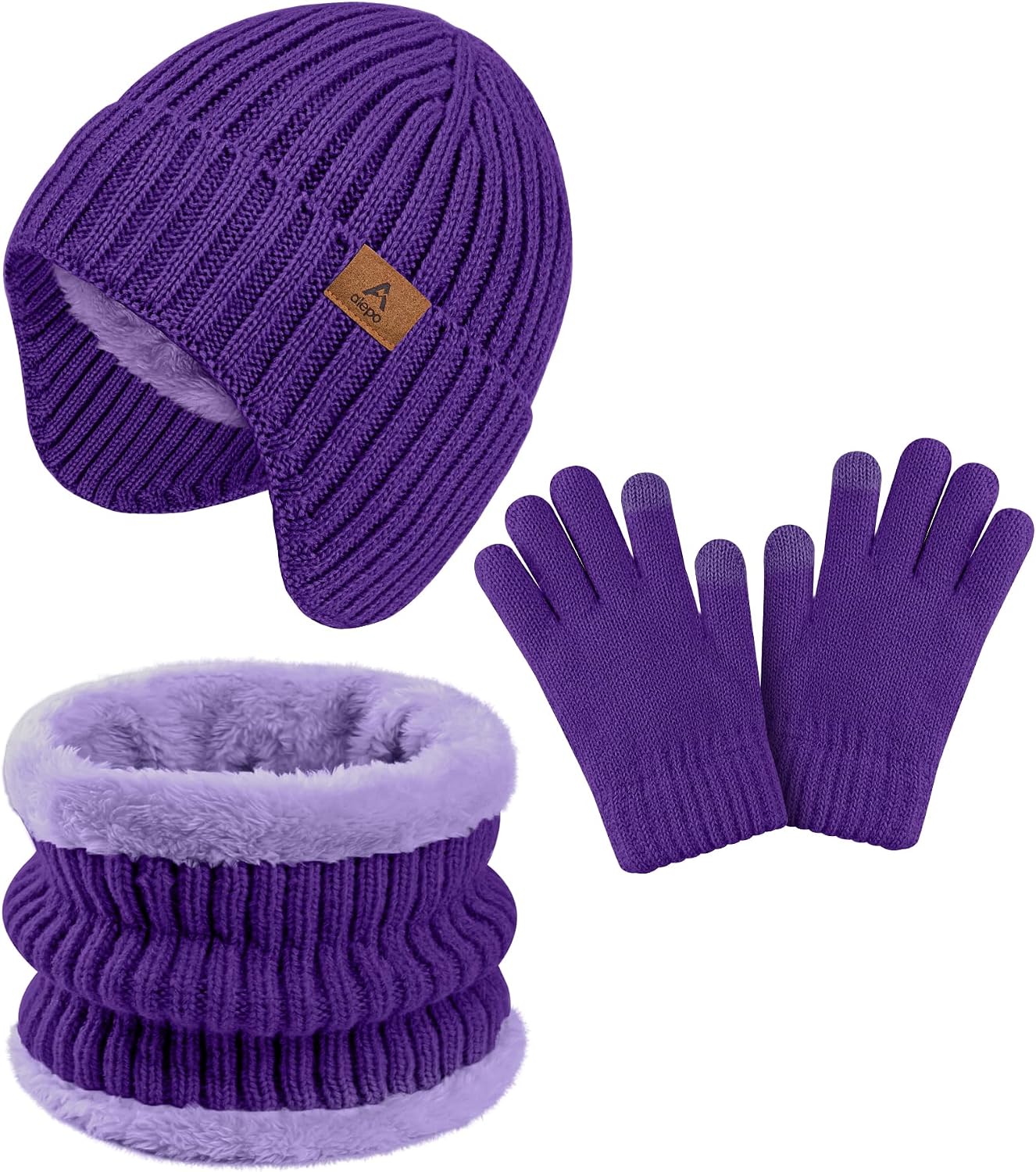 Kids Winter Hat Gloves Scarf Set, Boys Girls Cold Weather Knit Beanie with Ear Flaps & Fleece-Lined Neck Gaiter Mittens Set Color24
