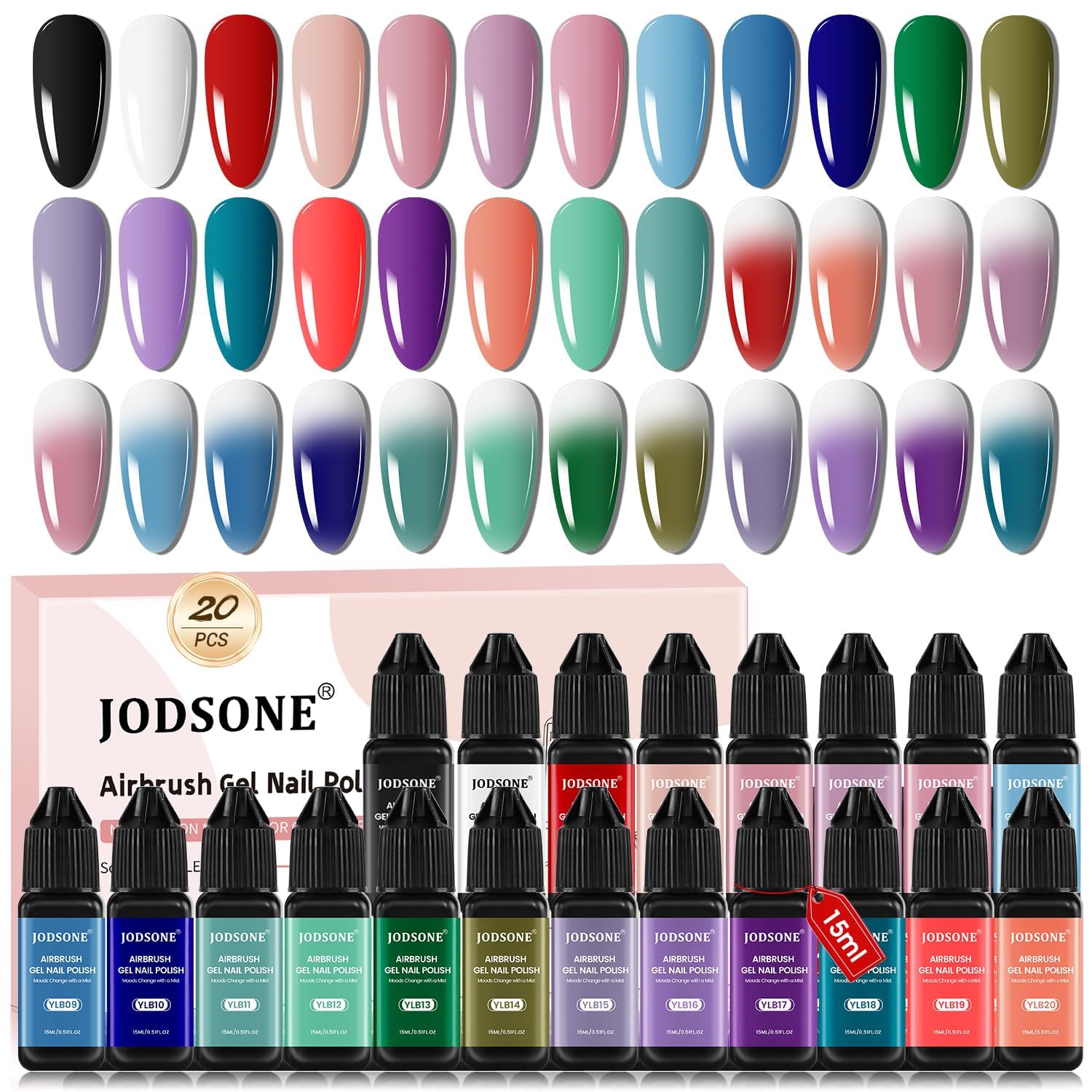 JODSONE Juego de esmaltes de uñas de gel con aerógrafo de 20 colores para gradientes de uñas, esmalte de uñas de gel sin disolución para manualidades, varios patrones, regalos de vacaciones para niñas