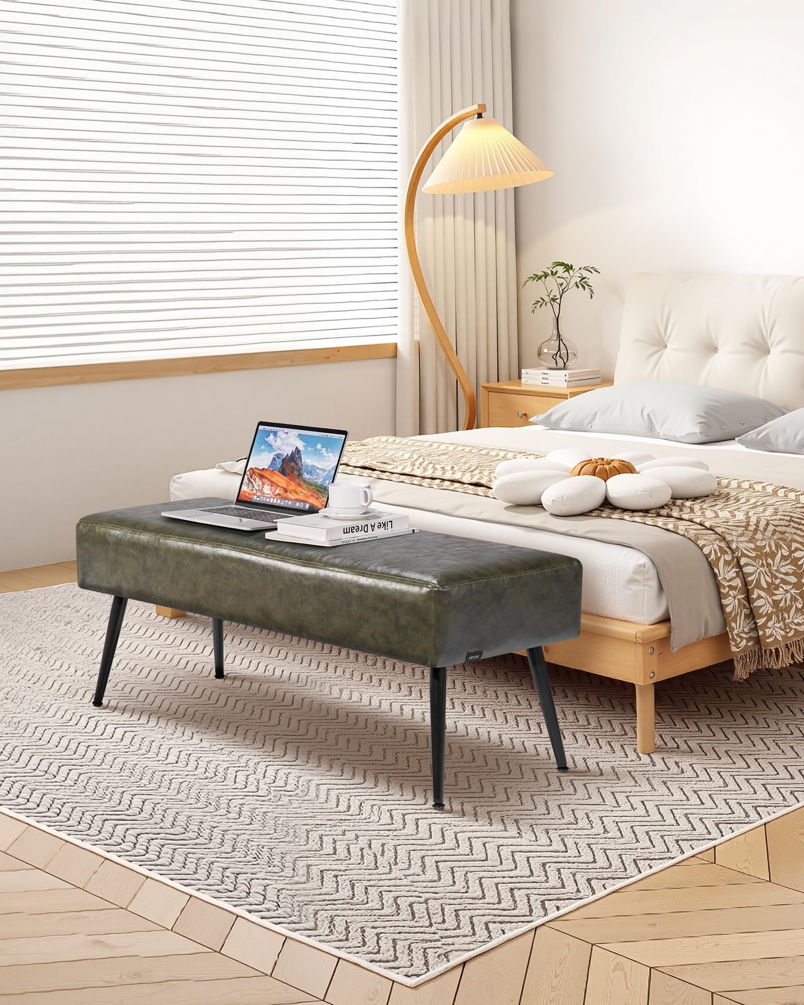 VEVOR Banc en Cuir PU de 110 x 40 x 43 cm, Bout de Lit avec Pieds en Métal, Banquette Moderne, Meuble Repose-Pieds pour Chambre à Coucher, Entrée, Salon, Salle à Manger, Couloir, Maison, Vert