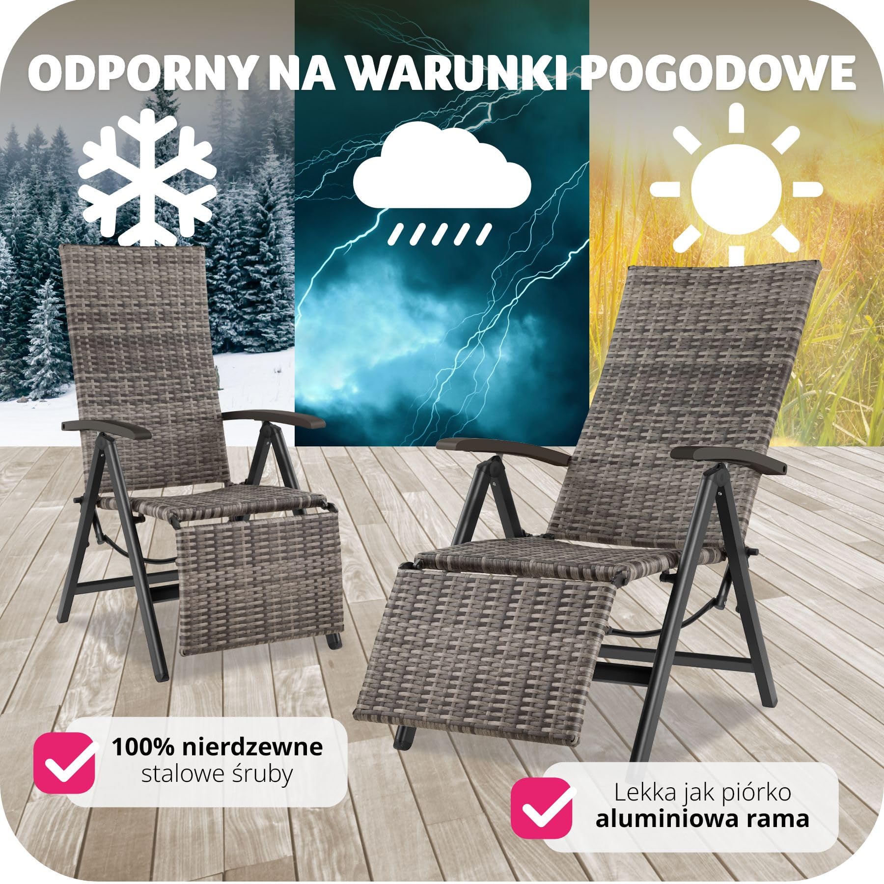 tectake®, Składany Fotel Ogrodowy, Rattanowe Krzesło Relaksacyjne, Regulacja Oparcia, Podnóżek, Plecionka UV, Aluminium, Antypoślizgowe Nóżki, Leżak Plażowy, Balkonowy, Na Taras (Szary)