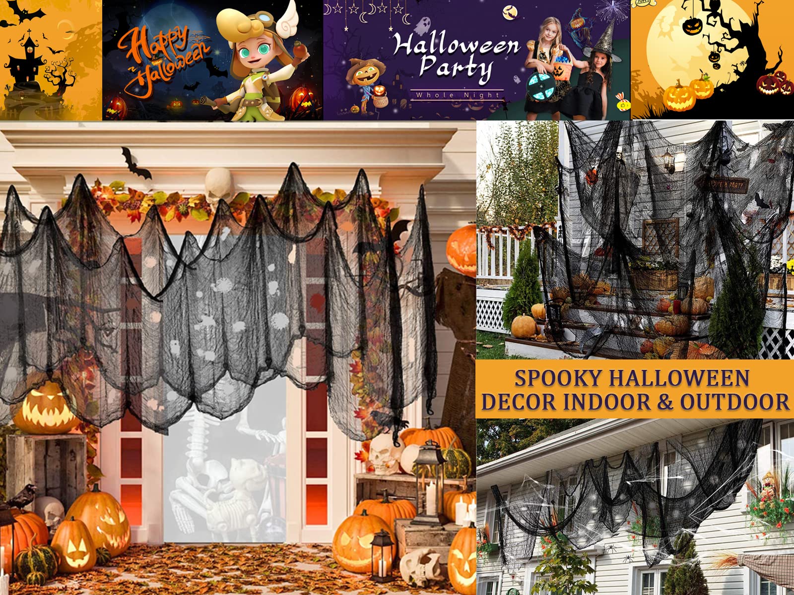 Tela Decorativa De Halloween - 80x160 Pulgadas, Negra, Para Interiores Y Exteriores, 5 Piezas