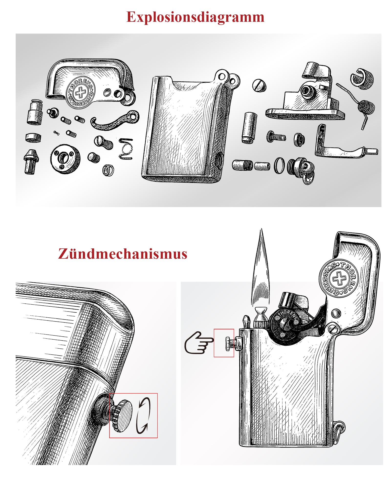 THORENS Gen 1 Single Claw Brand Emblem Benzinfeuerzeug, Messing, Silber | Klassik-Retro, Softflamme, nachfüllbar, Autozündung, Sicherheitssperre, Reibrad, glänzend, Luxus-Sammlerstück, Männergeschenk