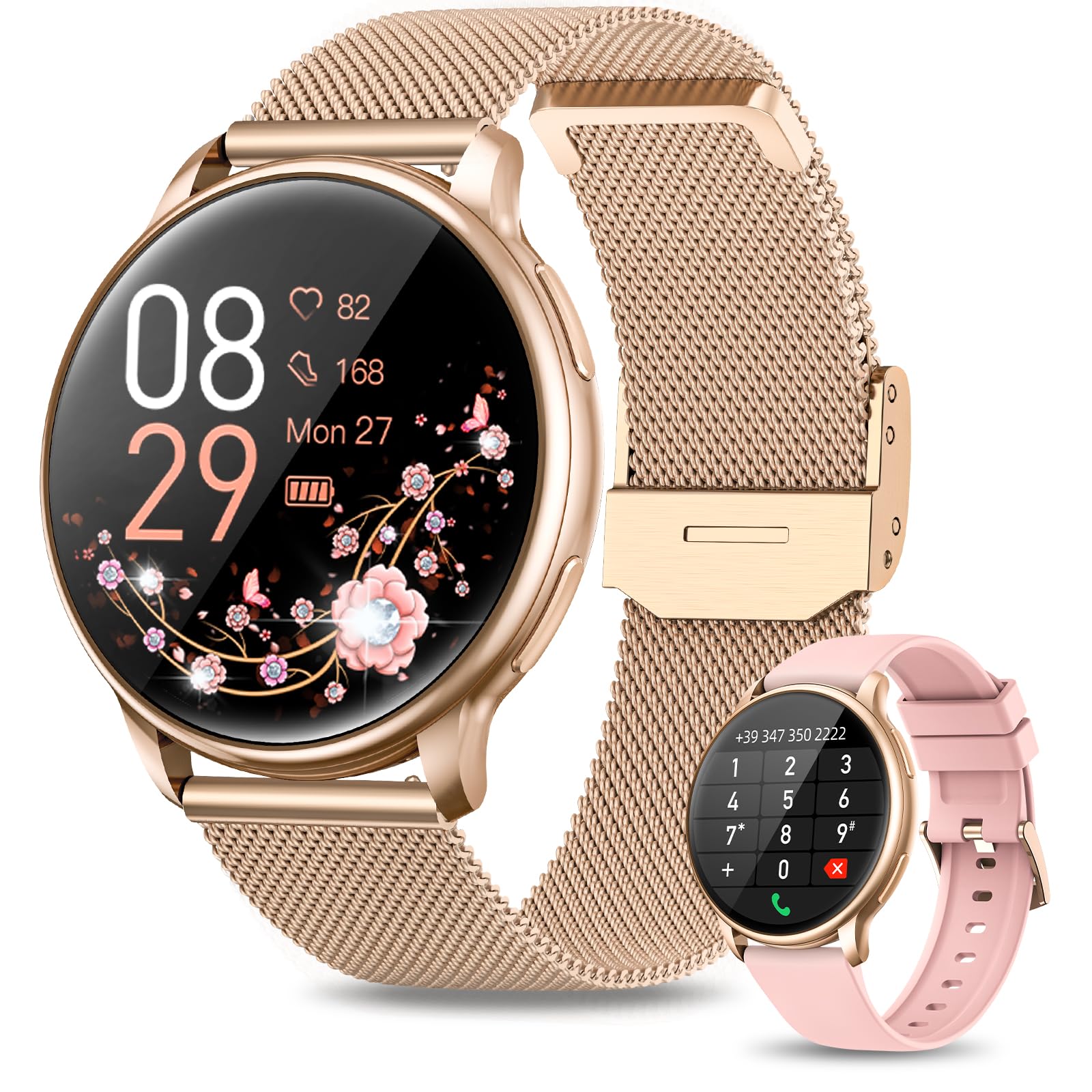 RUXINGX Women's Smartwatch with Phone Function 1.32” HD Full Touch Screen Watch with SpO2 Heart Rate Monitor Menstrual Cycle Sleep Monitor Pedometer Calories Fitness Tracker IP68 iOS Android Rose Gold
