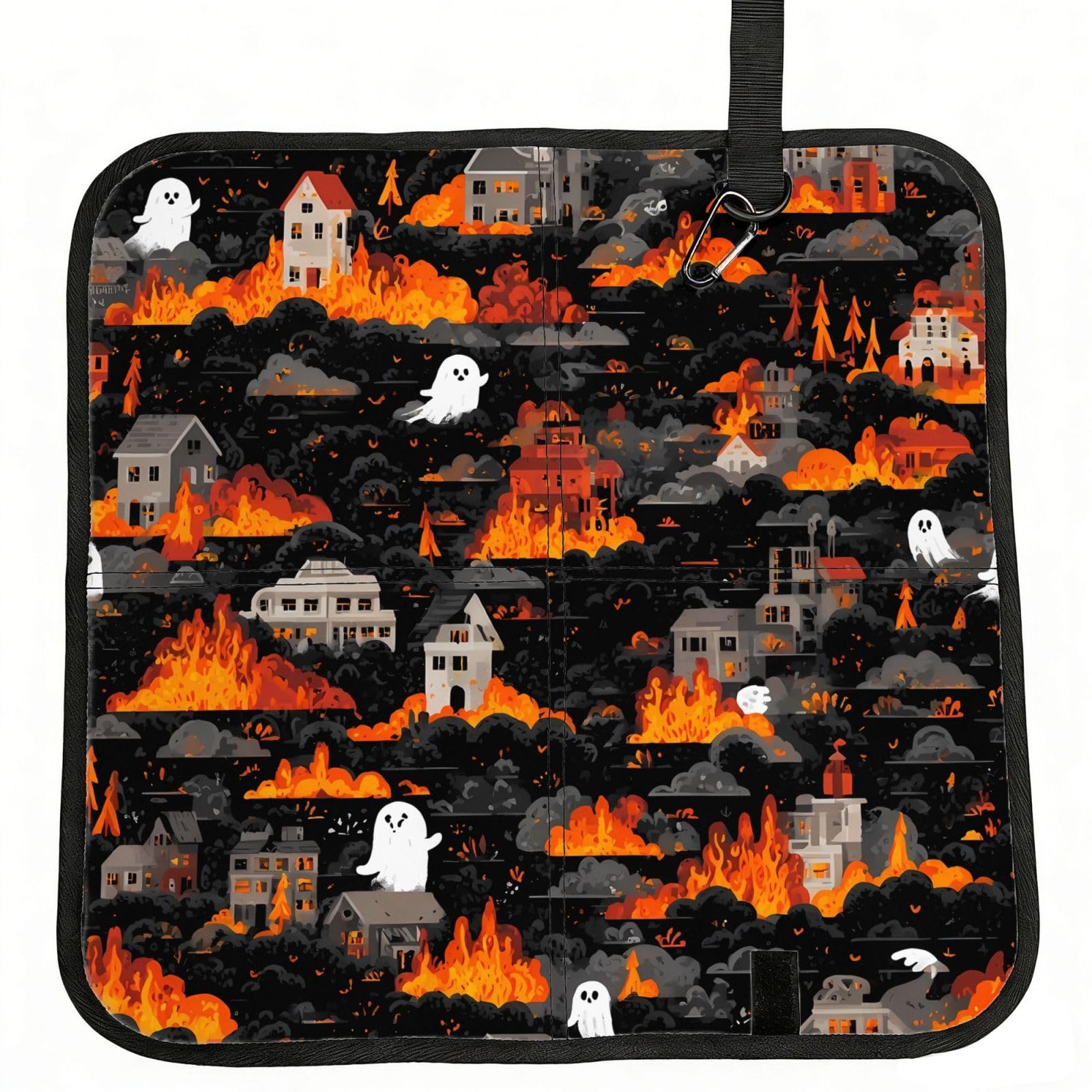 MROWYC Fire and Black Clouds Printed Foldable Seat Cushion - Portable with Carabiner, for Stadium, Camping, Hiking