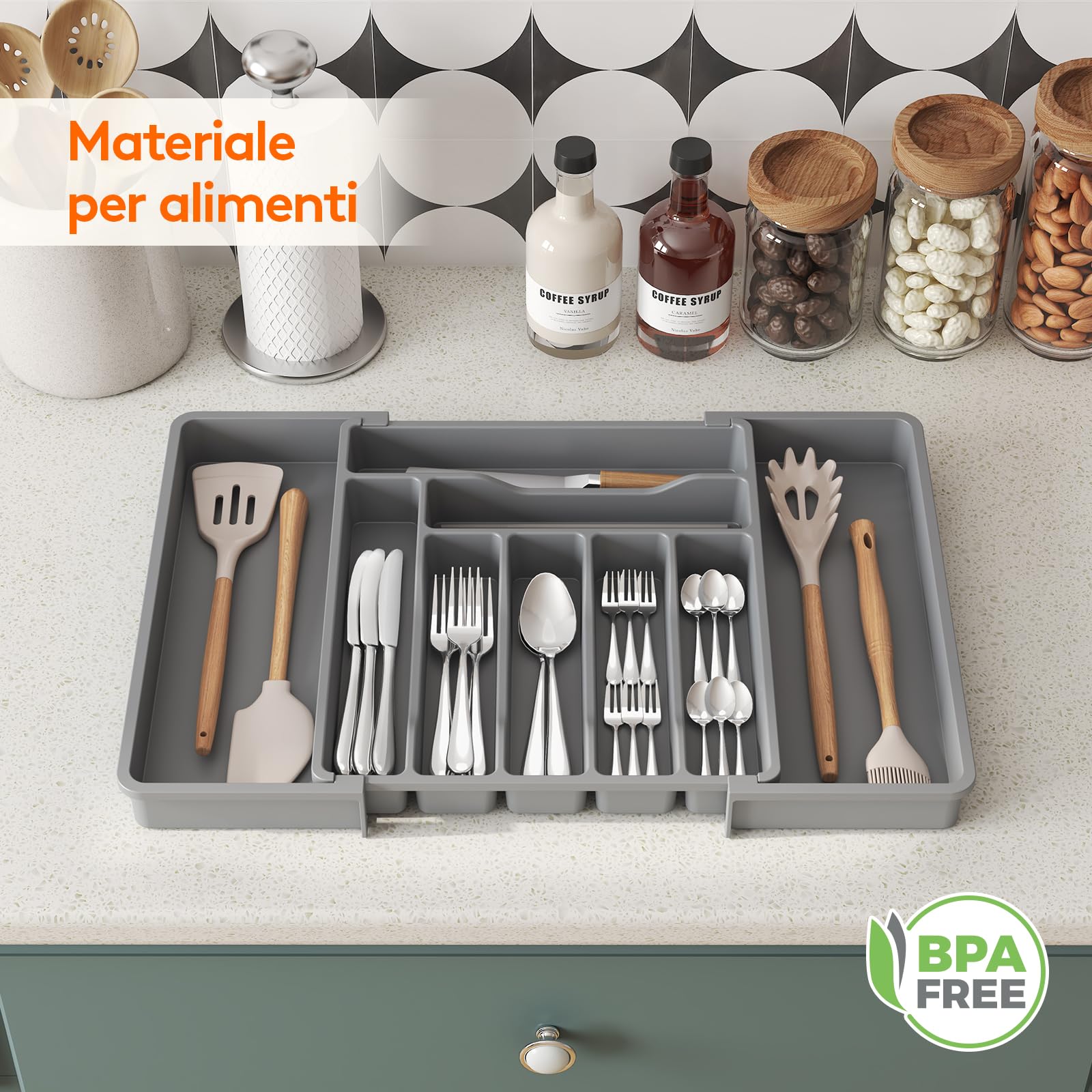 Lifewit Porta Posate Cucina Cassetto, Organizer Posate da Espandibile, Portaposate Salvaspazio, Divisori in Plastica per Utensili, Forchette, Profondità 38 cm, Largezza 33-56,8cm, Grigio