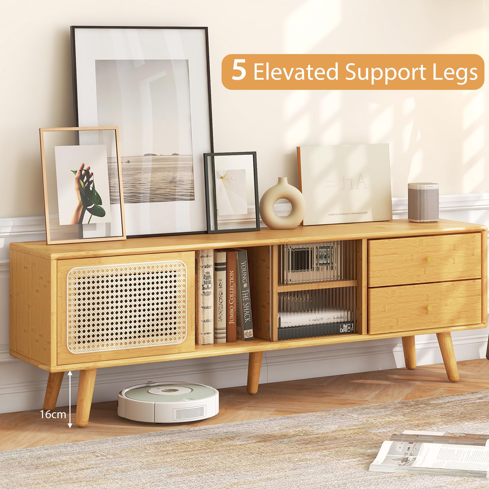 Supporto TV In Bambù Per TV Fino A 65 Pollici - Mobile Console 2 Ripiani, Colore Noce, Ecologico, 139,7 Cm