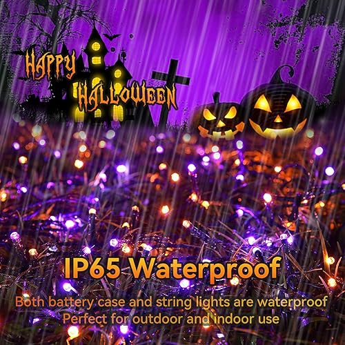 Miniatura 3 de Guirnalda de luces de Halloween naranja y morado para exteriores, 100 LED, funciona con pilas, con temporizador remoto impermeable, para decoración