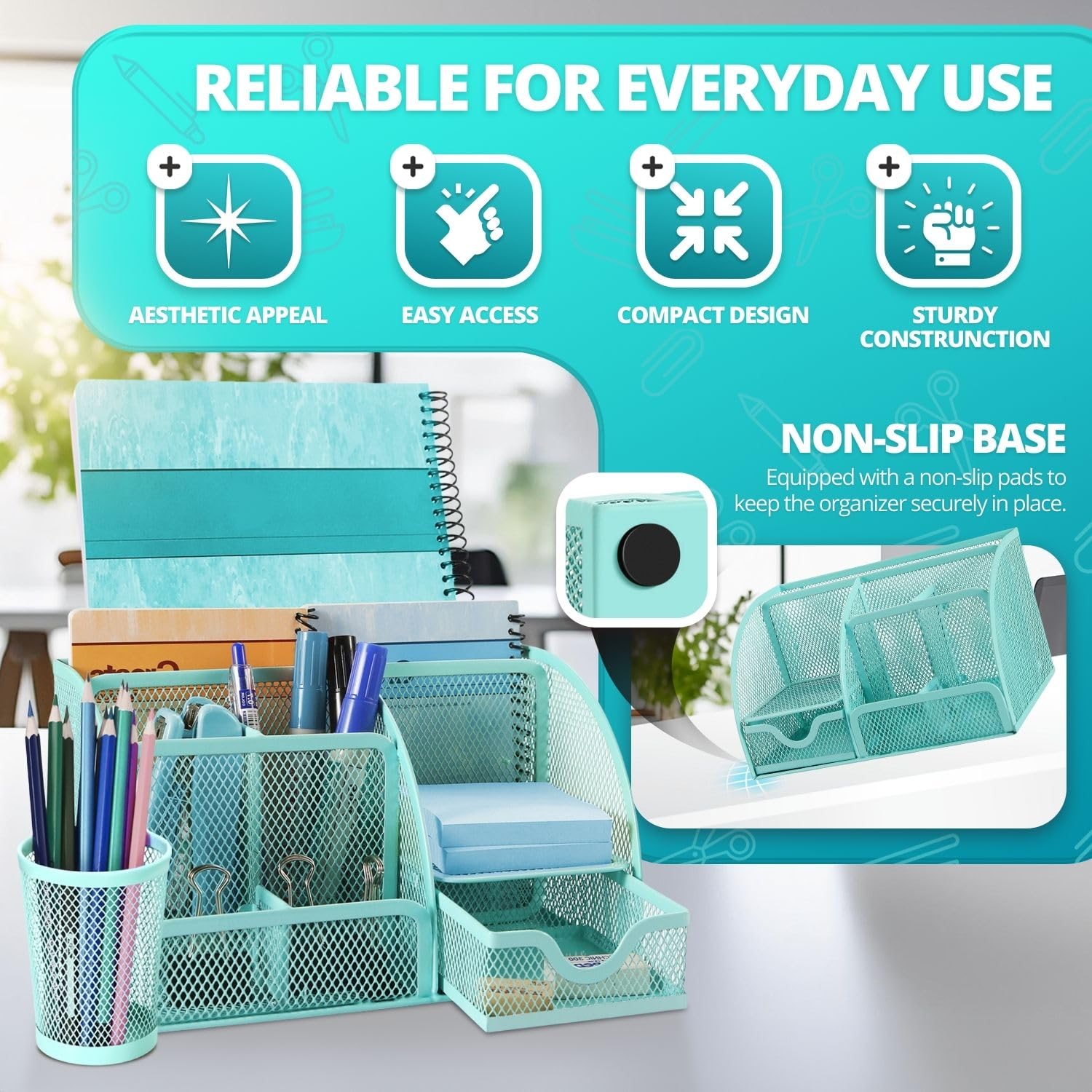 Flexzion Desk Caddy Organizer Set (Green), Metal Mesh Desktop Caddy with Drawers, 6 Compartments - Image 4