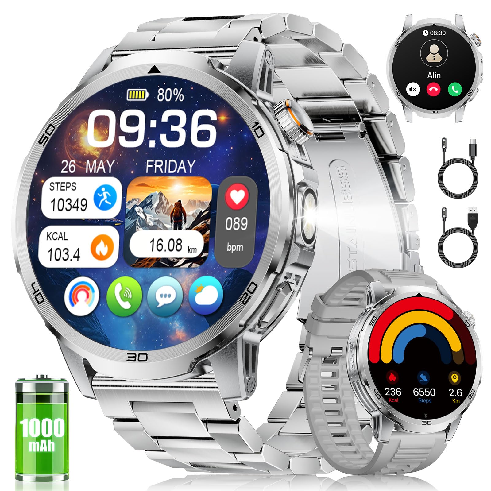 FITFLEX Montre Connectée Homme Appels Bluetooth, Batterie 1000mAh Smart Watch avec 1,85" HD écran, 120+Modes Sportifs, Lampe de Poche, Analyse de la Fréquence Cardiaque et du Sommeil,iOS Android