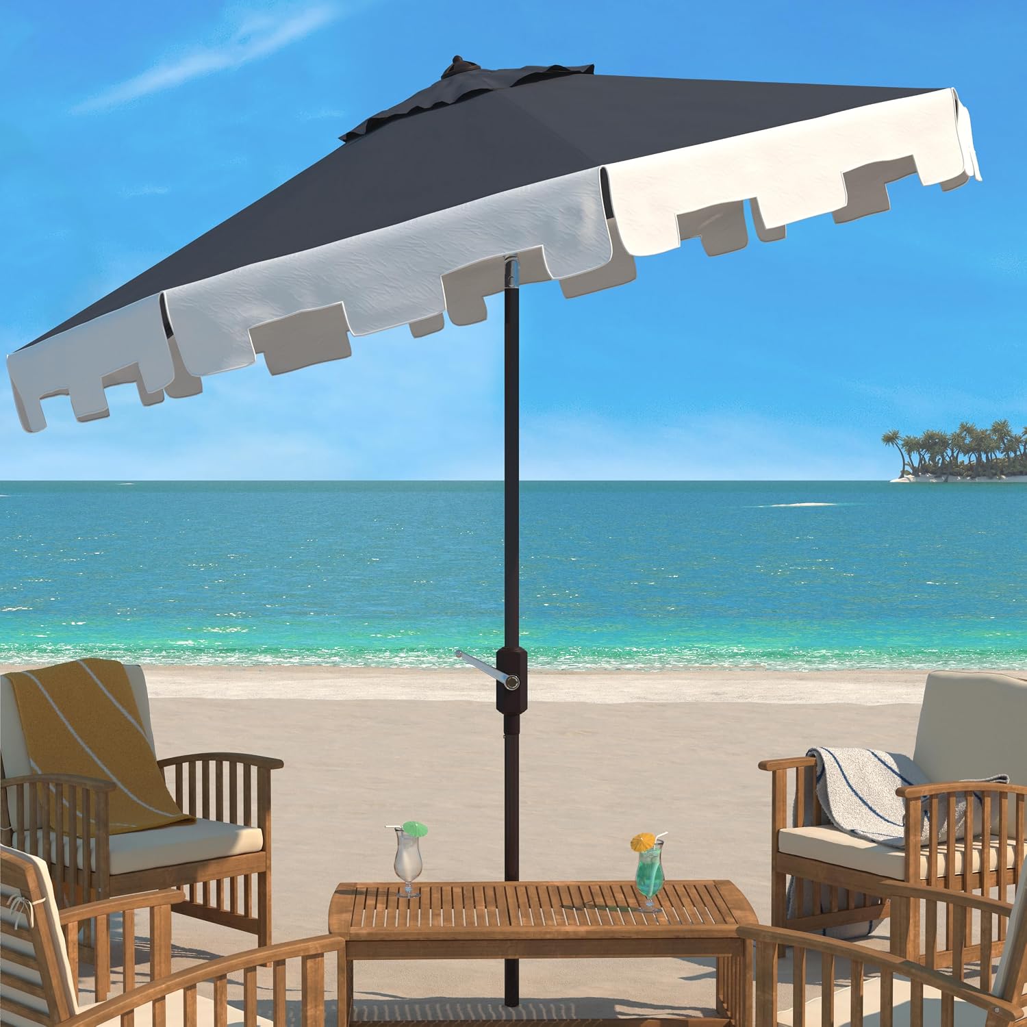 SAFAVIEH Outdoor Collection City Fashion Navy/Ivory Auto Tilt 9 Ft UV Protected Umbrella