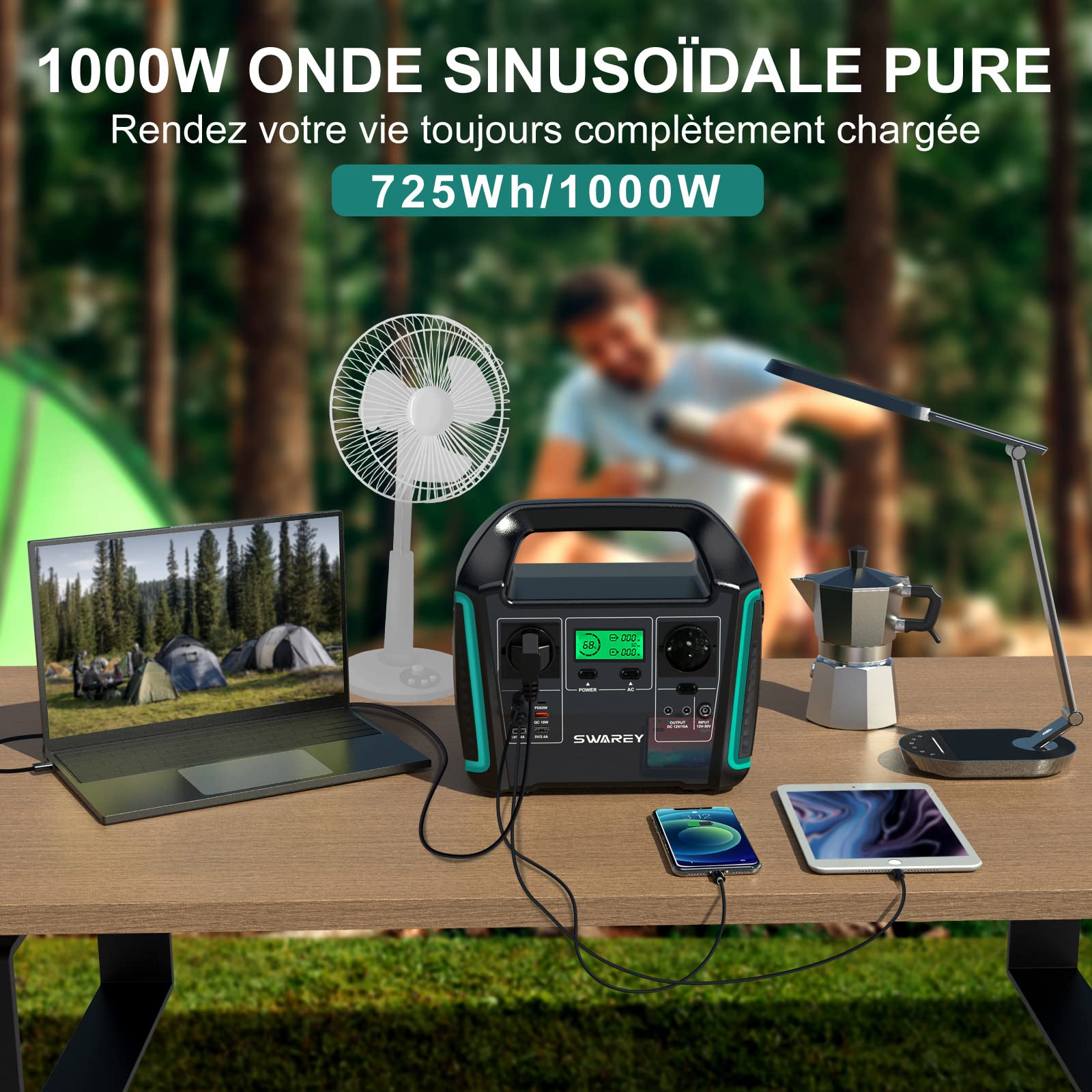 Station d’énergie portable SWAREY S1000 1000W + Panneau Solaire 100W, Capacité 725,76Wh, Recharge Secteur/Véhicule/Solaire, Onde Sinusoïdale Pure, Multiples Ports PD/QC3.0 pour Camping Van Urgence