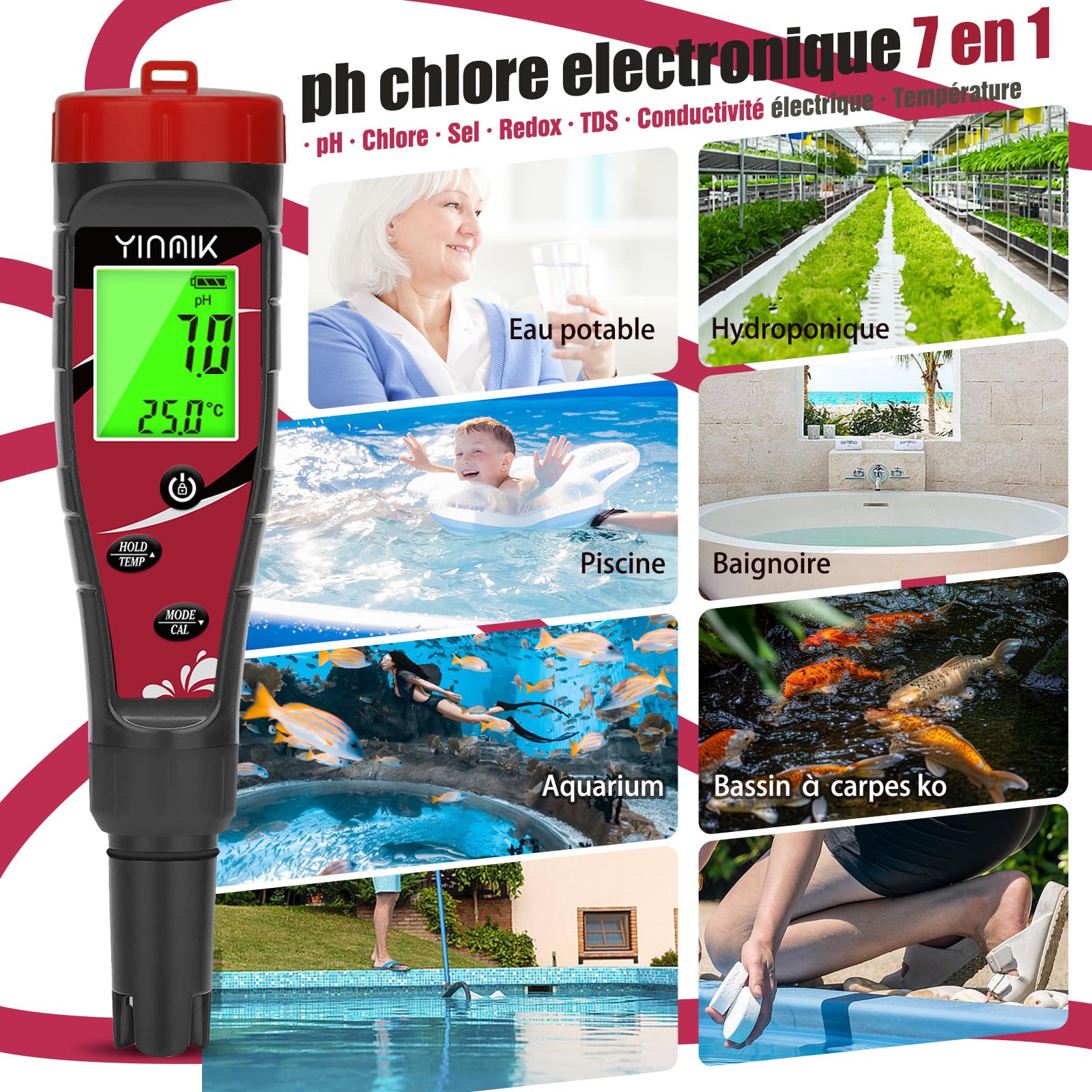 YINMIK Testeur pH et Chlore Piscine Testeur de sel avec kit d'étalonnage | 7 en 1 Test Chlore-Salinité, ORP, EC, TDS, Température avec ATC,Haute Précision pour Piscine/Spa/Eau Potable/Hydroponie