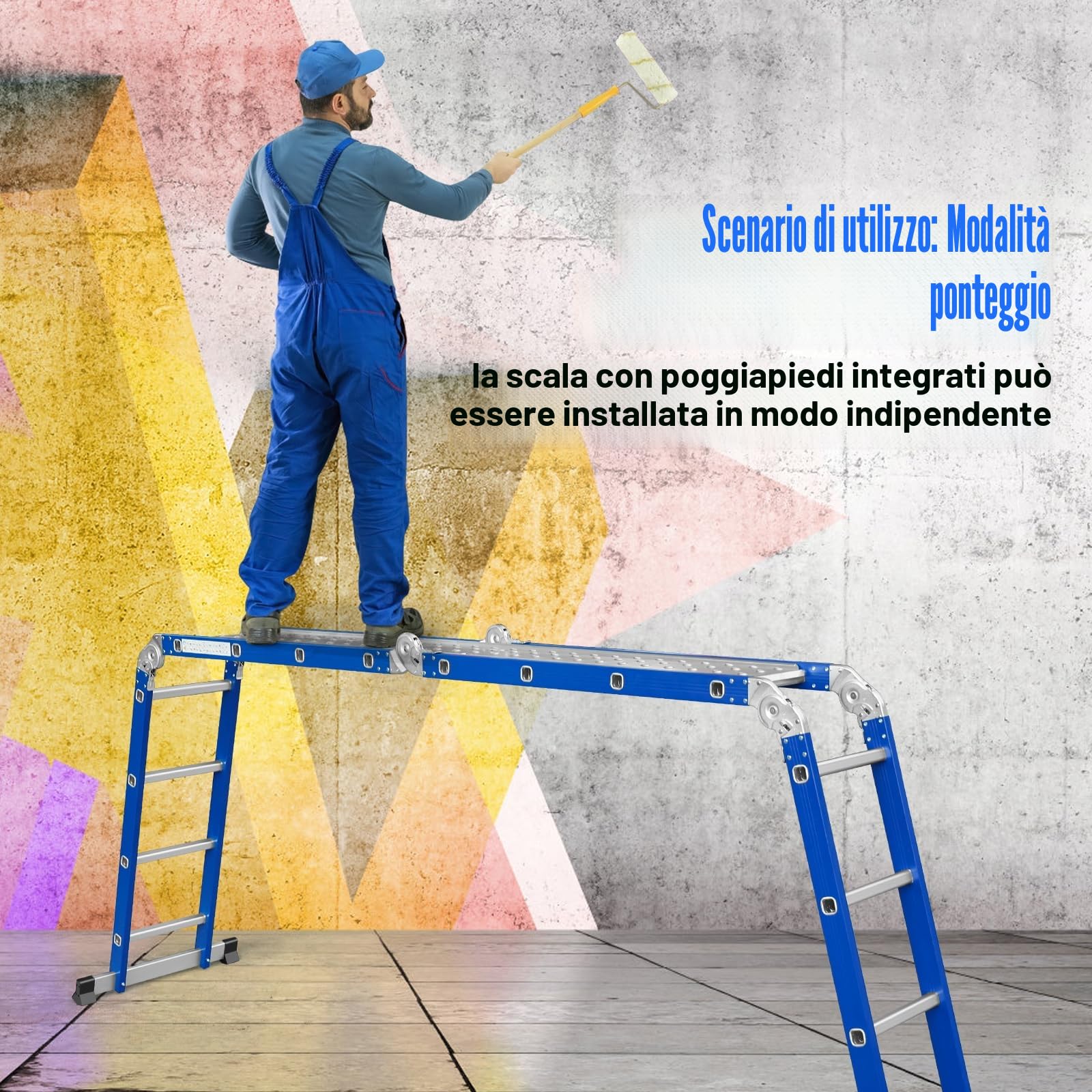 Scala multifunzione in alluminio, 4 x 4 gradini, lunghezza 4,7 m, 4 pezzi, portata massima 150 kg