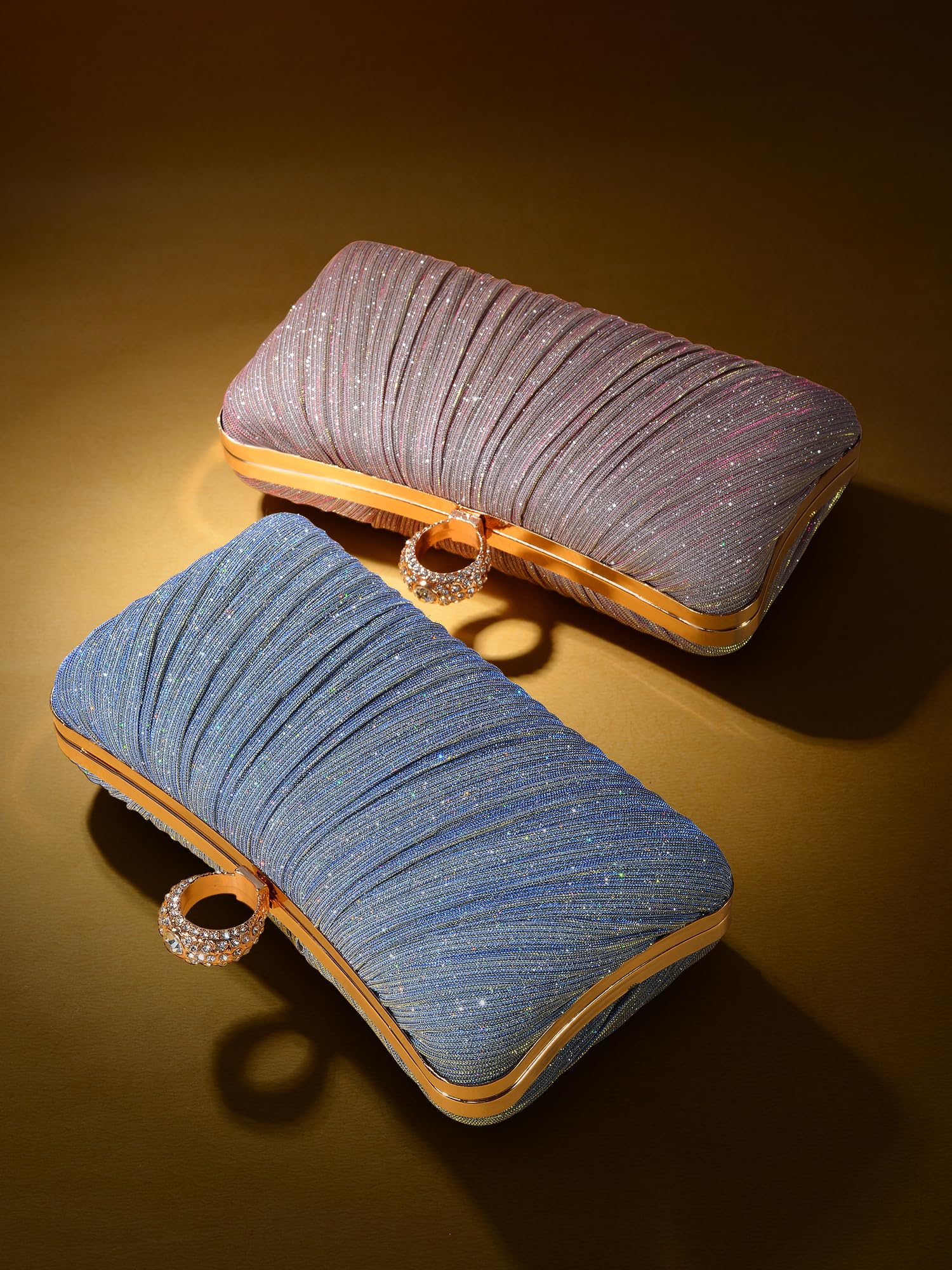 Womens en Glitter Clutch Purse Pleated Evening Bag for Bridal Wedding Party with Rhinestone Ring