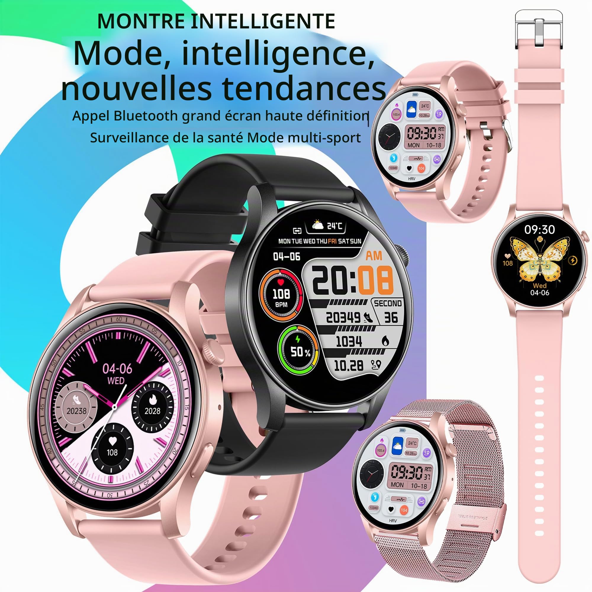 Montre Connectée Femme, 1,43" AMOLED Smartwatch avec Appel Bluetooth 5,1/Numérotation, 123 Modes Sportifs, Cardiofrequencemètre, Podometre Moniteur de Sommeil, Fitness Tracker pour Android iOS (Rose)