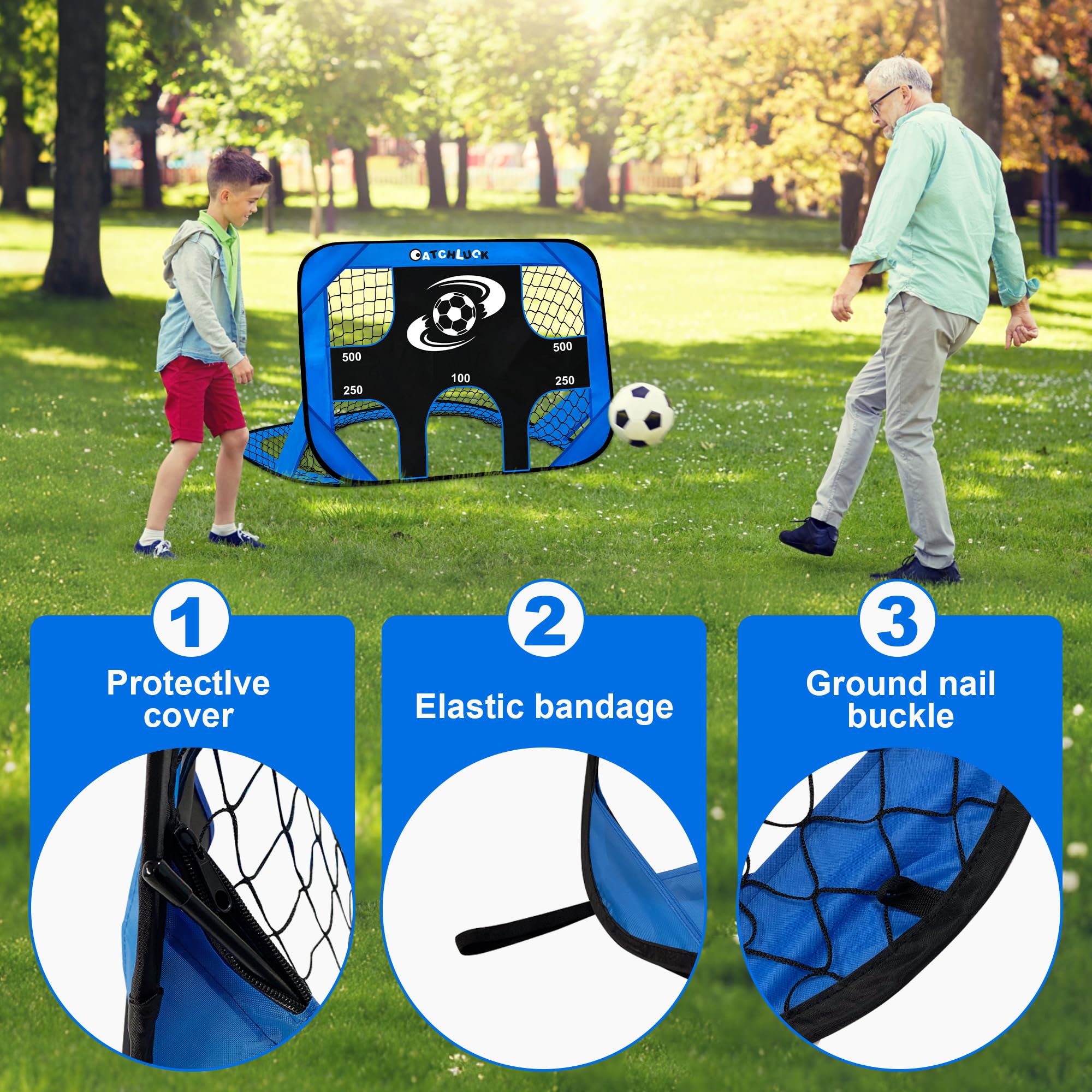 CATCHLUCK Porta da calcio per bambini, reti da calcio per giardino, 4 in 1, bersaglio per bambini, blu