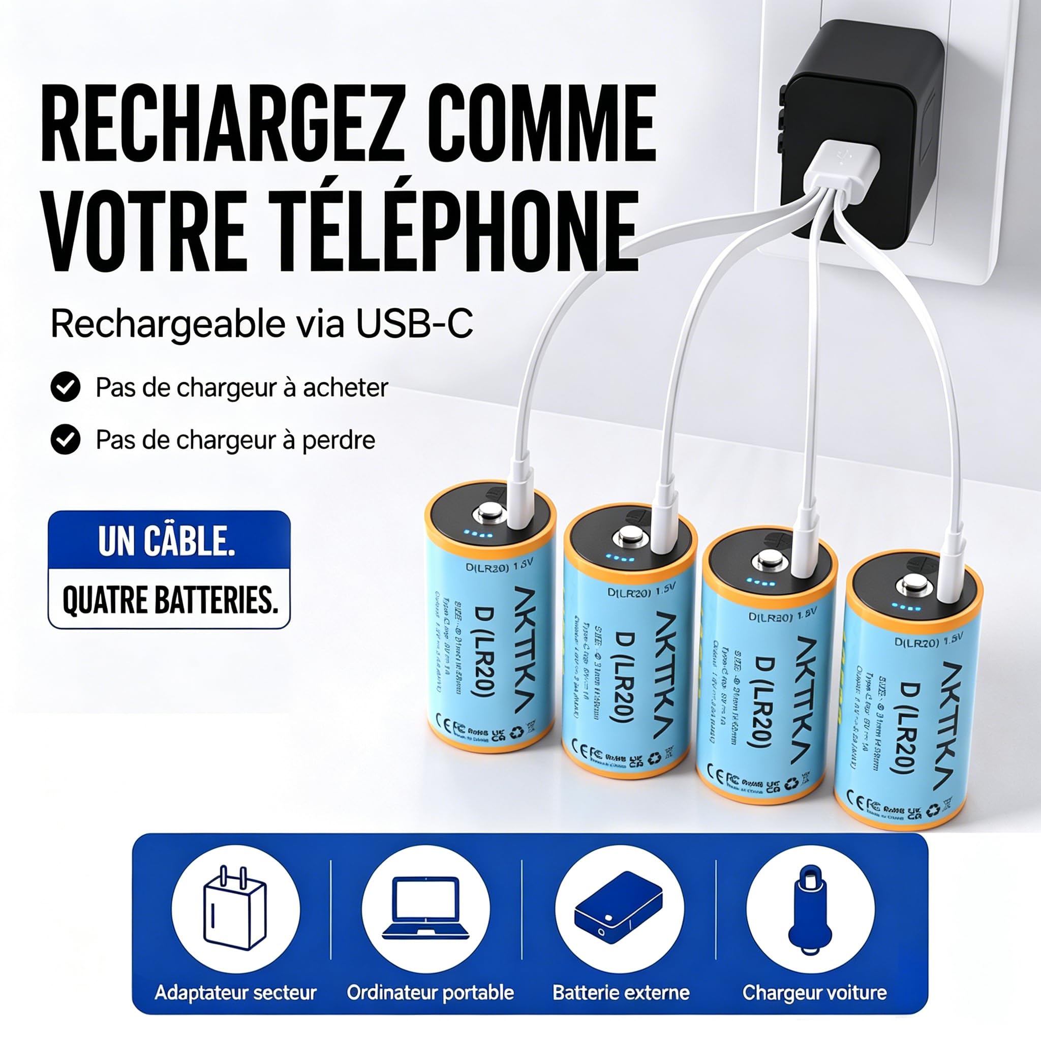 Piles D Rechargeables 12580 mWh, Lot de 4, 1,5V Li-ION, LR20, Mono D