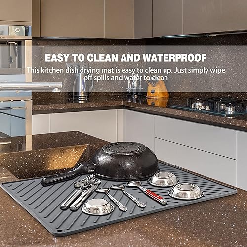Miniatura 2 de Tapete de secado de platos, tapete de silicona para encimera de cocina, extra grueso y grande, con drenaje integrado, antideslizante, resistente al