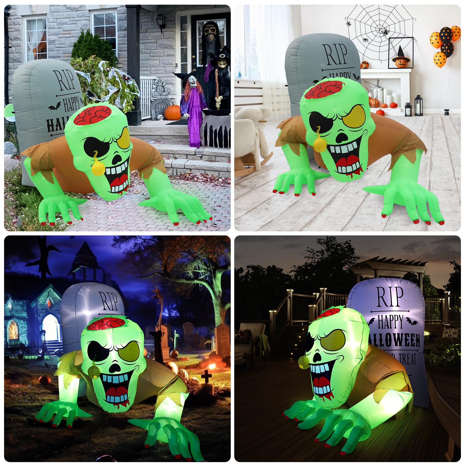 BLOOMWIN Gonfiabili Decorazioni Halloween Esterno - 2,6 x 1,5m Zombie & Lapidi Halloween Decorazioni Horror con Luci LED 12V per Addobbi Natalizi, Albero di Natale, Giardino Autunnali, Casa Interni