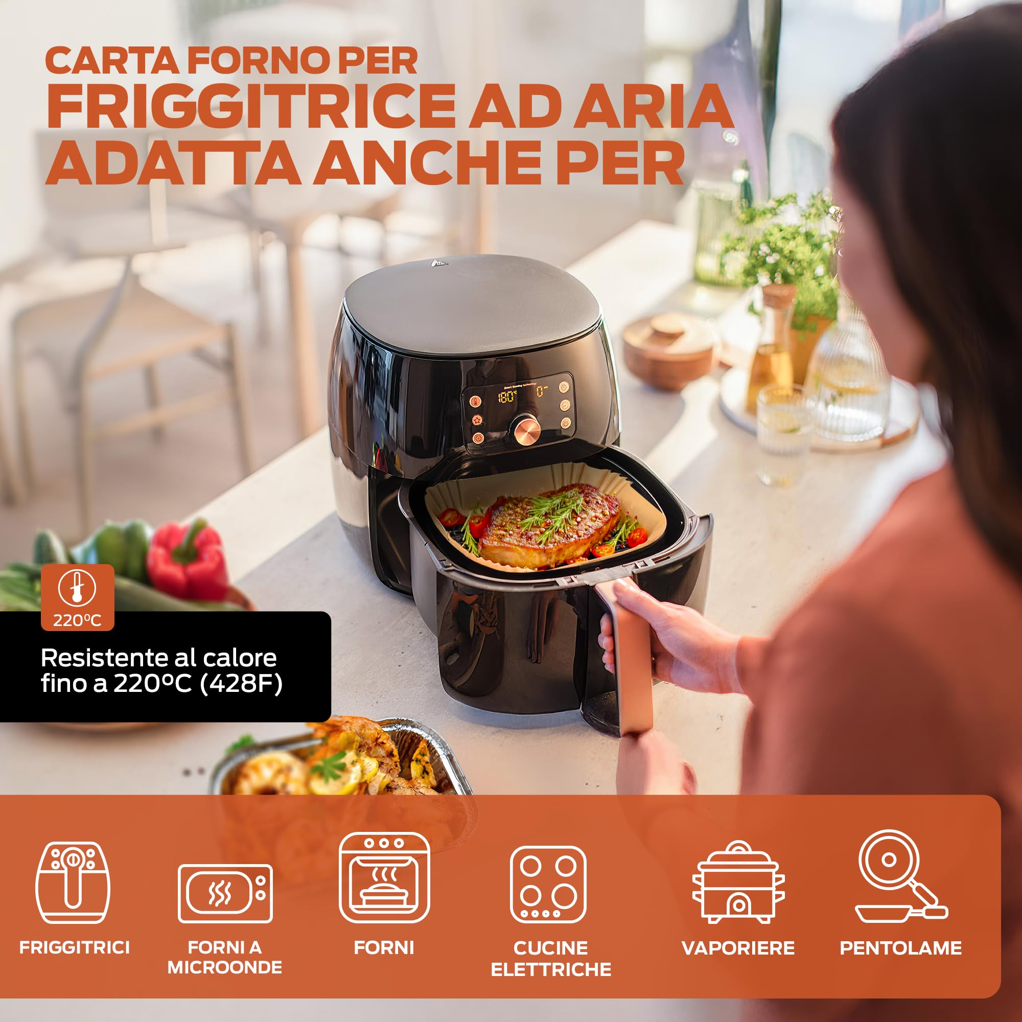 PORTENTUM Carta forno per friggitrice ad aria, 100 unità quadrate 20–24 cm, adatte a modelli 5–8 L. Certificata BPA Free, FDA e LFGB