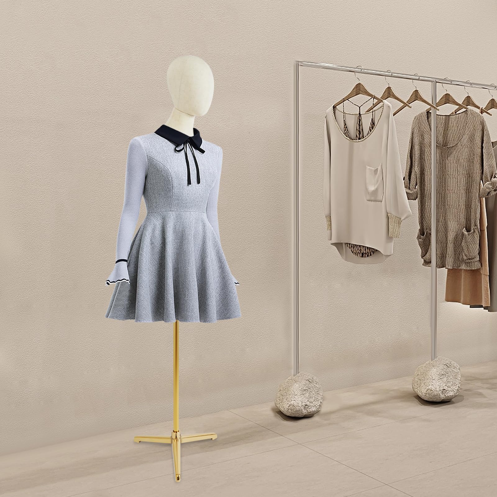 Schaufensterpuppe Weiblich Schneiderpuppe, Mannequin Torso mit drehbarem Kopf, Holzarmen mit beweglichen Fingern, Leinenbezug, höhenverstellbar 65–120 cm für Boutique und Schaufenster
