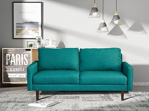 Miniatura 2 de INSTORY Sofá de lino moderno, cómodo sofá biplaza con patas de madera para sala de estar, dormitorio, oficina, color verde