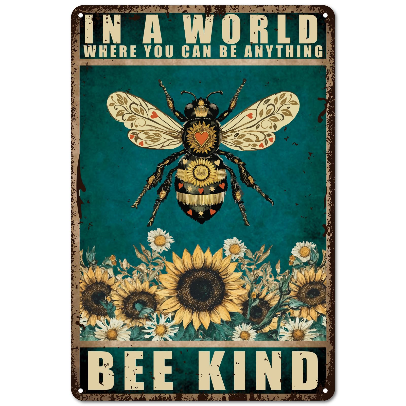 PRESSINART Bee Kind Metal Sign Bee Tin Signs In A World Where You Can Be Anything Sunflowers Rectangle Vintage Inspirational Poster for Home Bars Restaurants Cafes Pubs Wall Art Decoration 12 x 8 Inch