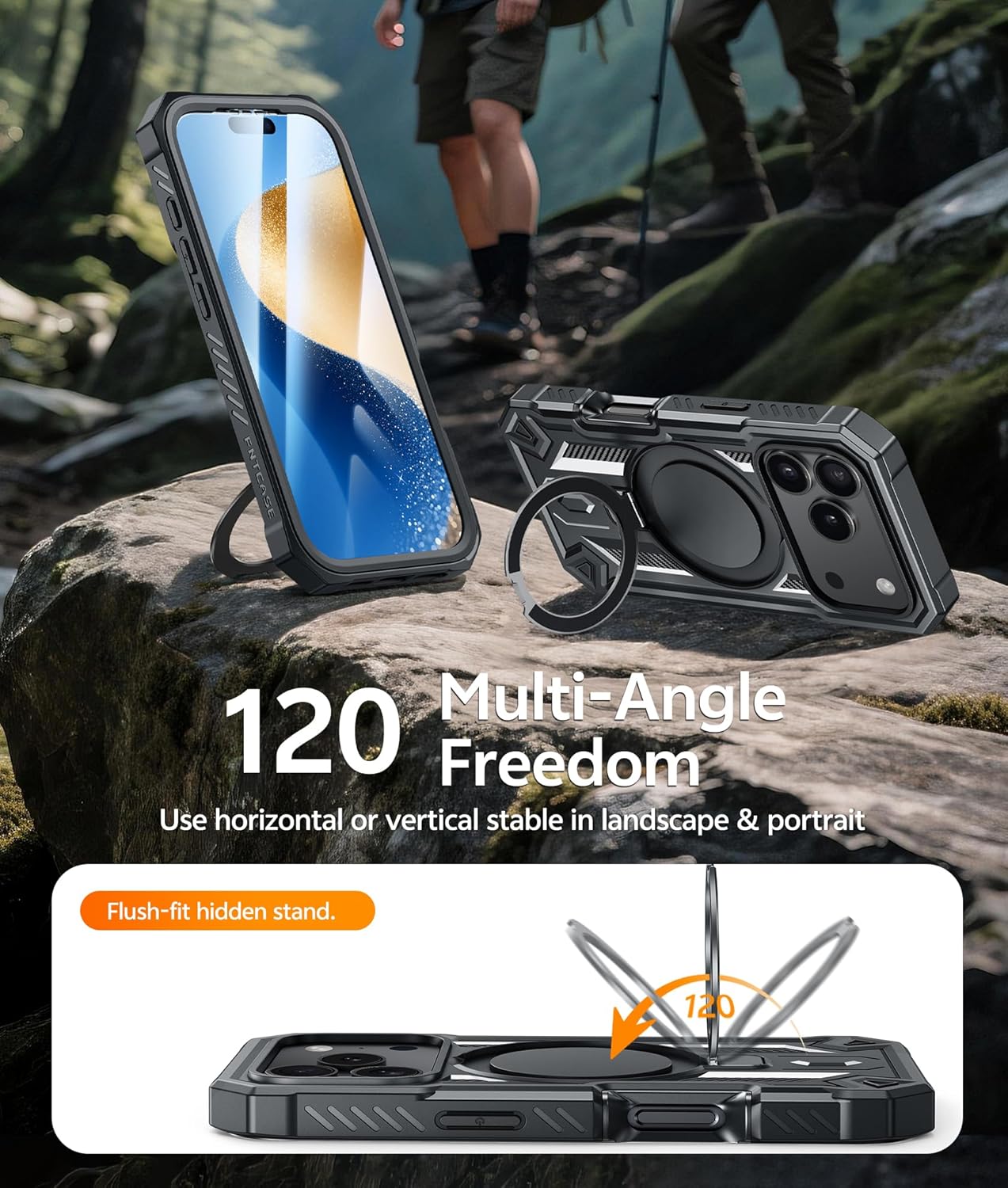 FNTCASE for iPhone 17 Pro Case: Magnetic Phone Cases with [Ring Kickstand] [Built-in Screen Protector] [Heavy Duty Military Grade Protection] Drop Protective Rugged Hard TPU Cell Phone Cover Black